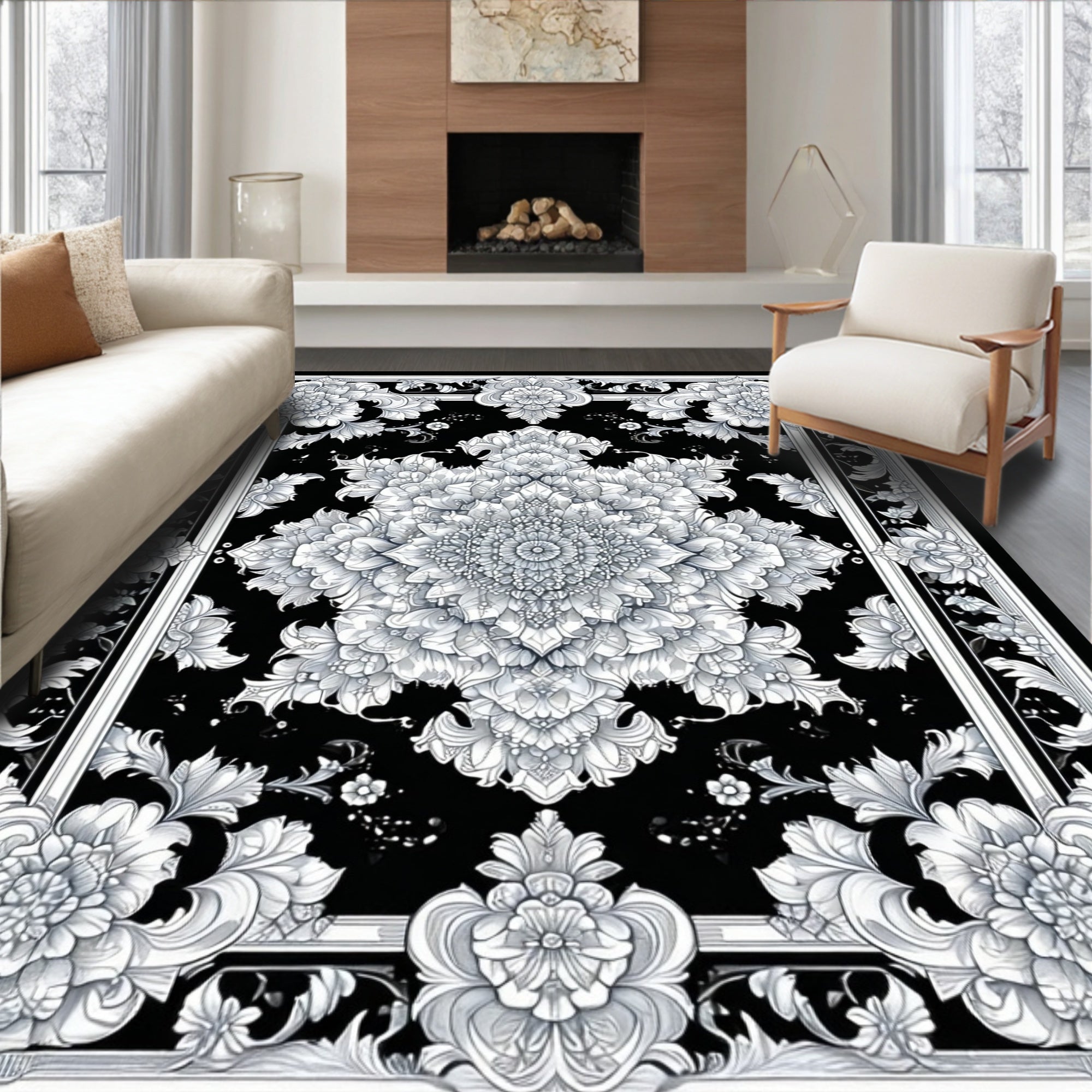 Ornate Floral Mandala Black White Rug