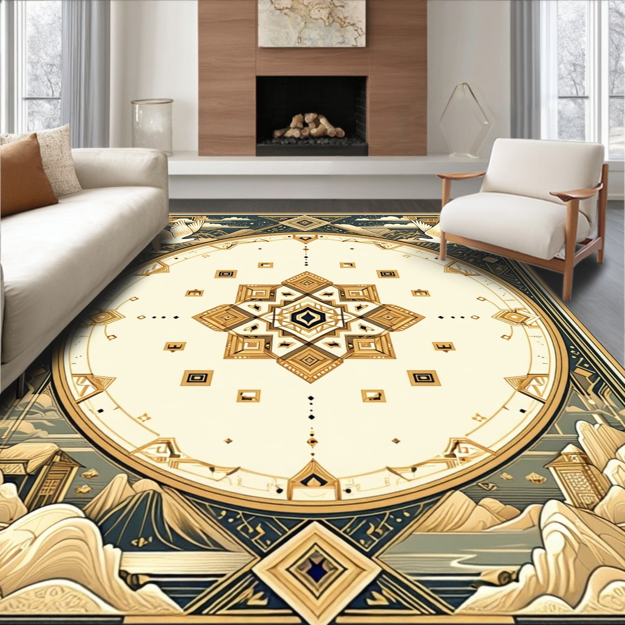Majestic Golden Dove Geometric Mandala Rug