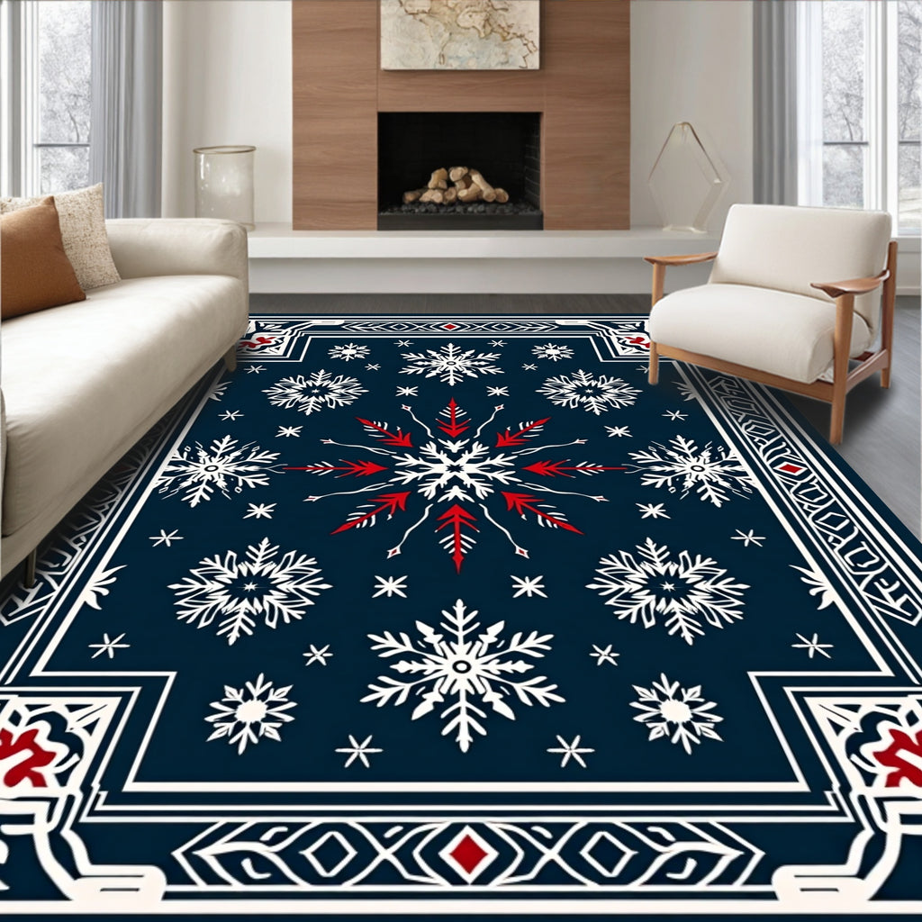 Winter White Snowflake Blue Border Rug