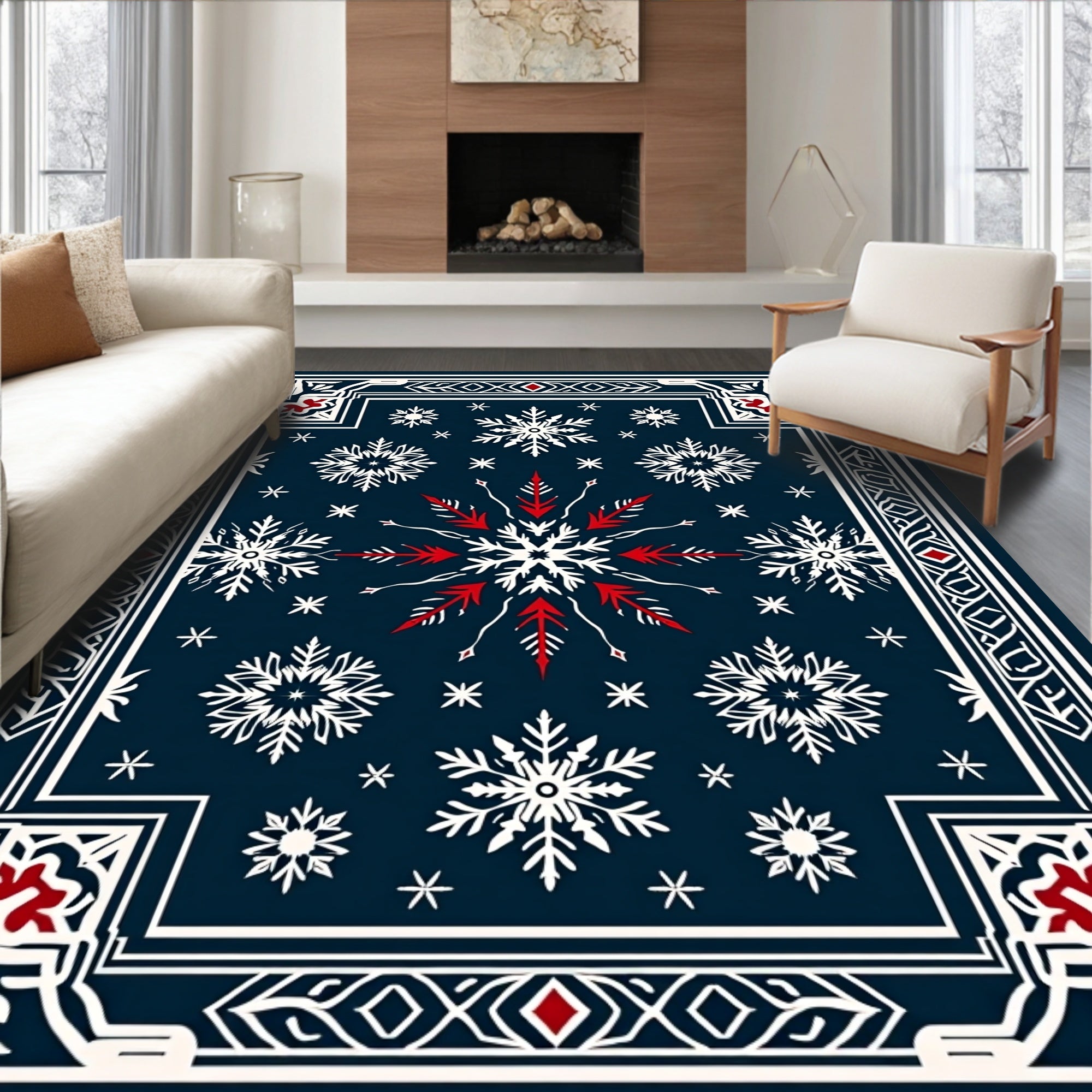 Winter White Snowflake Blue Border Rug