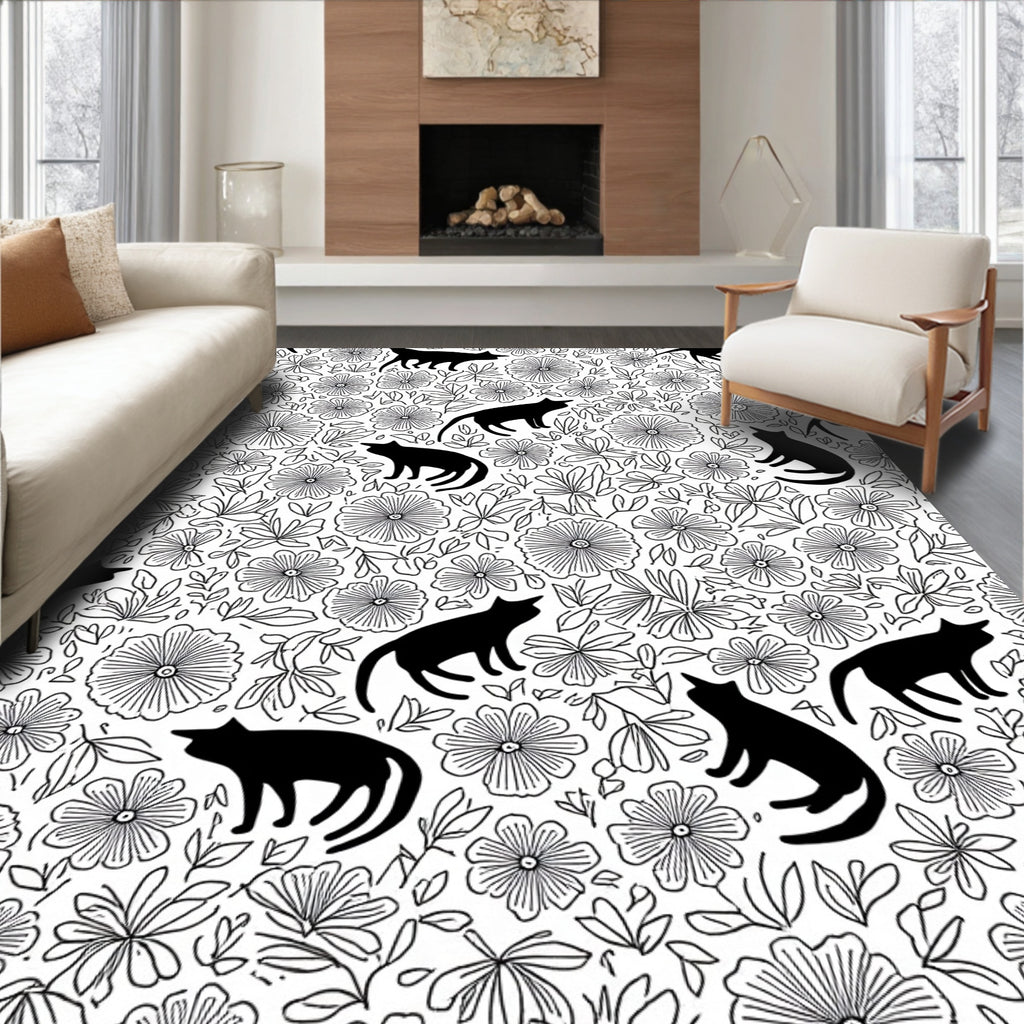Whimsical Black Cats Among Flowers Rug