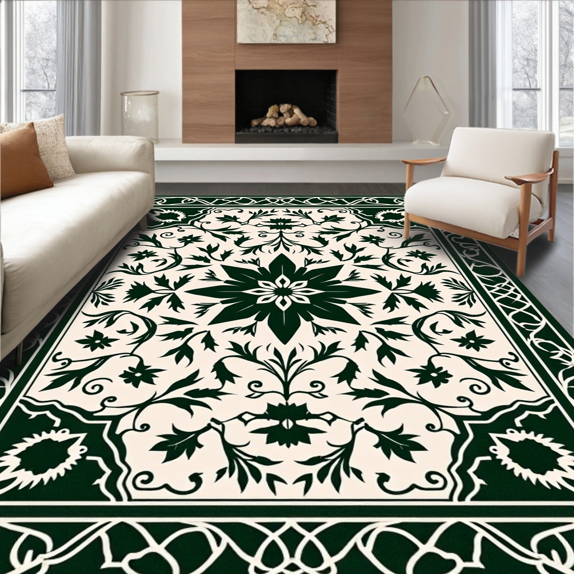 Dark Green Classic Floral Medallion Pattern Rug