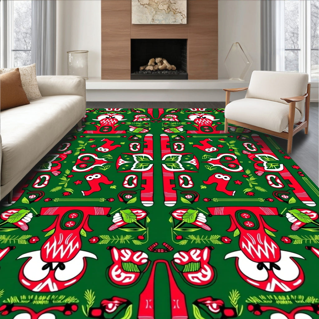 Folk Art Red Green Floral Animal Rug