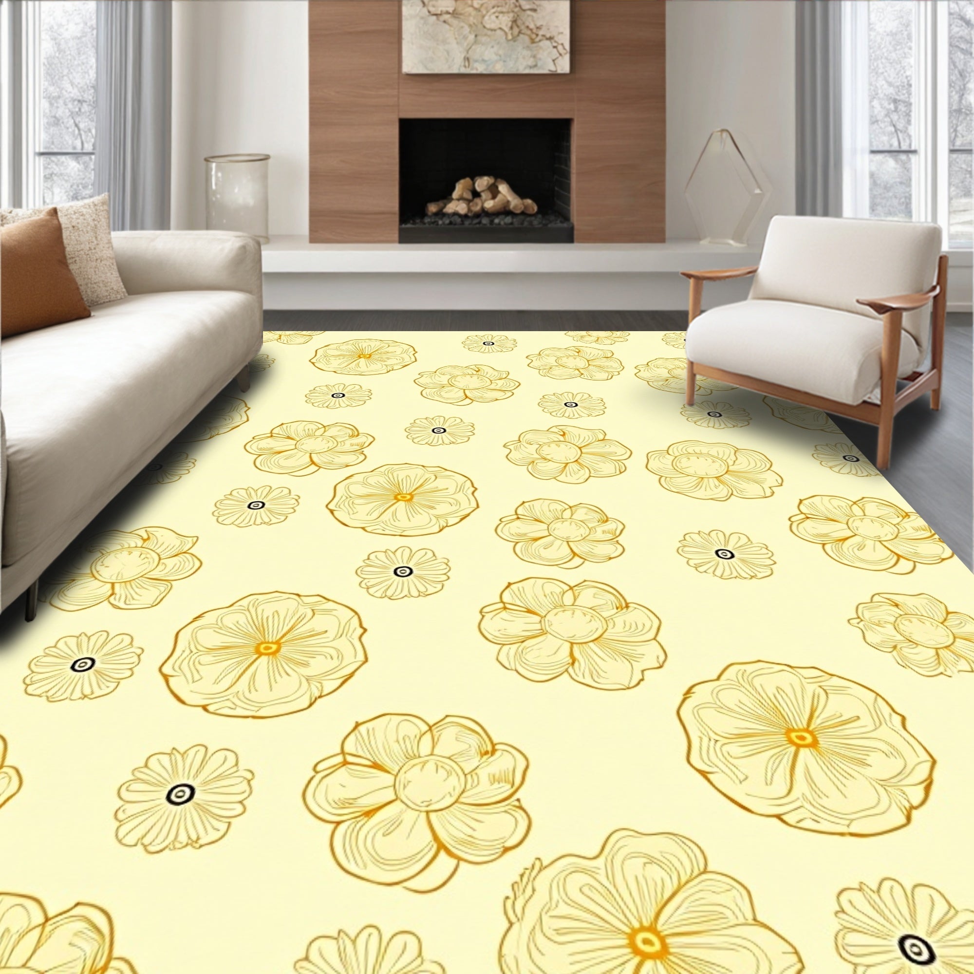 Golden Outline Floral Pattern Rug