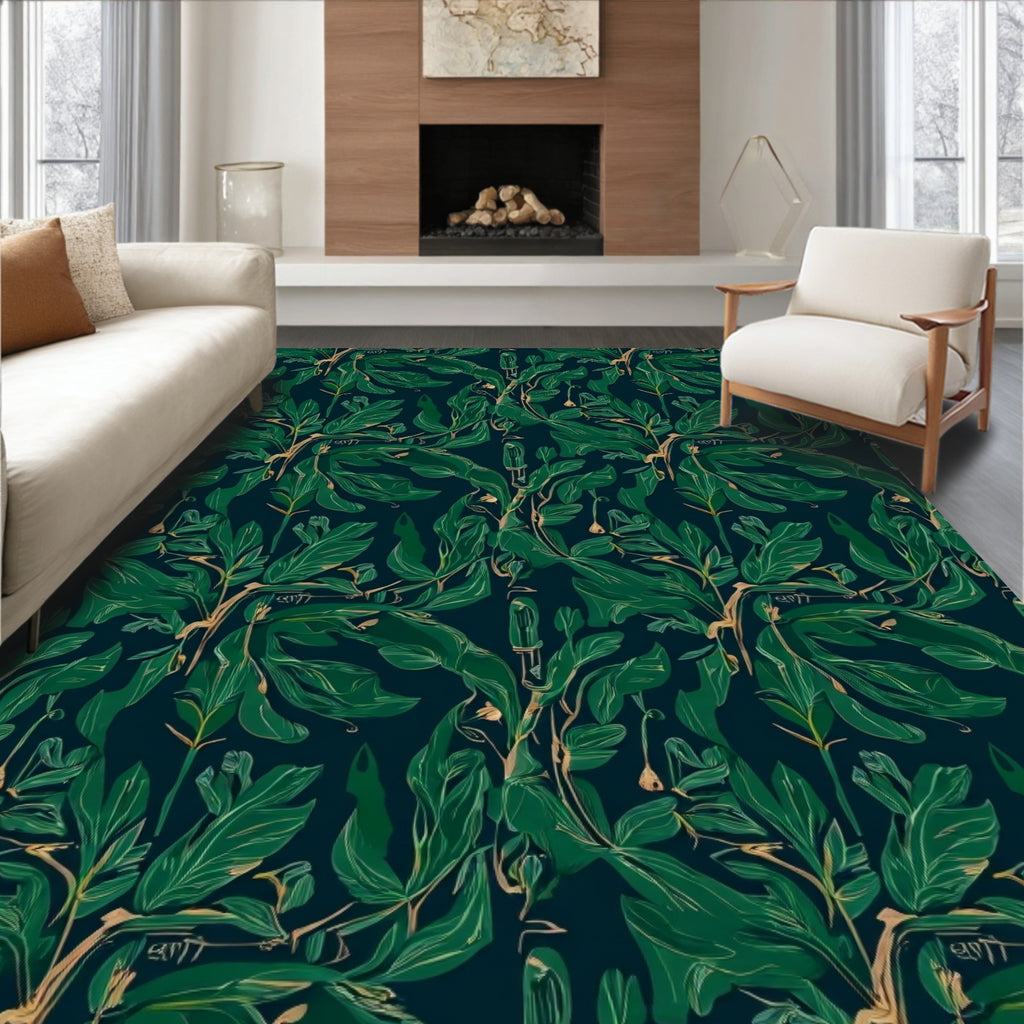 Dark Green Leafy Branch Pattern Rug