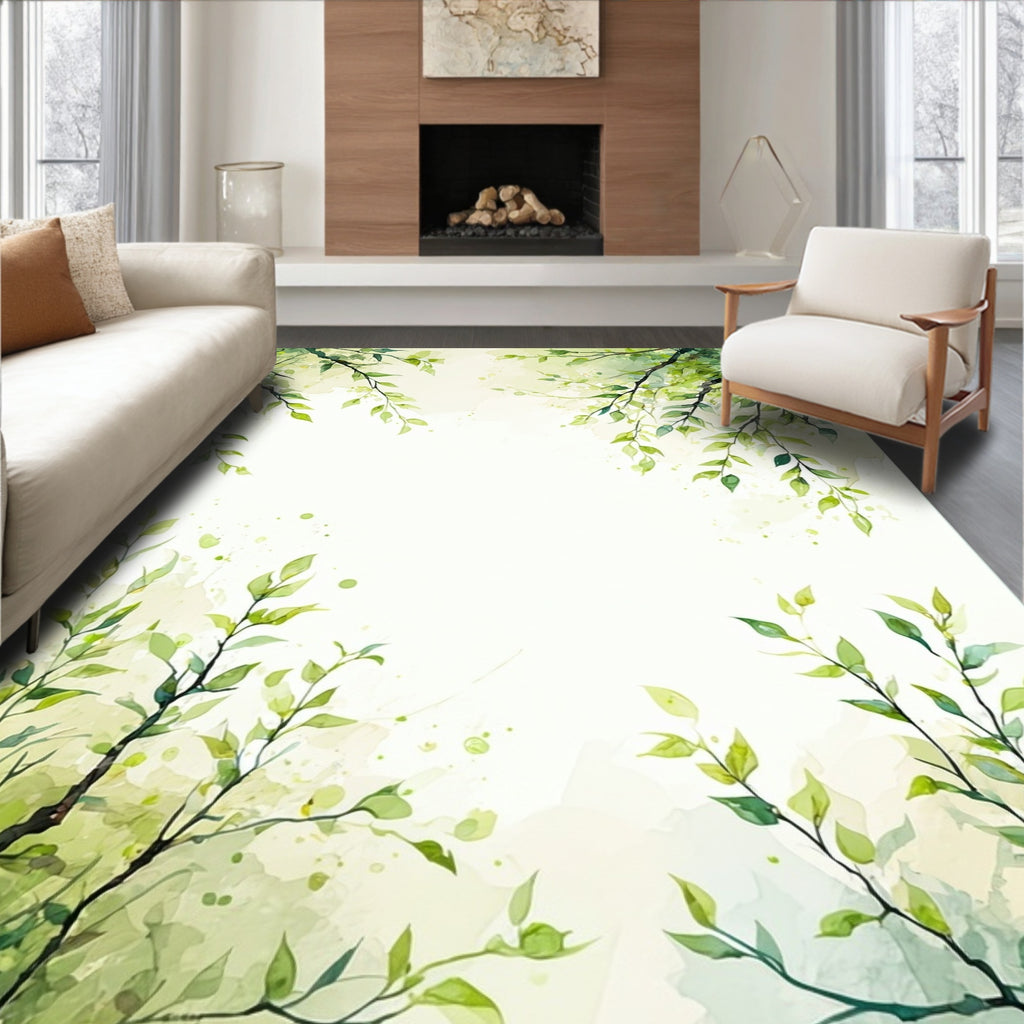 Nature Inspired Green Leaf Branches Rug