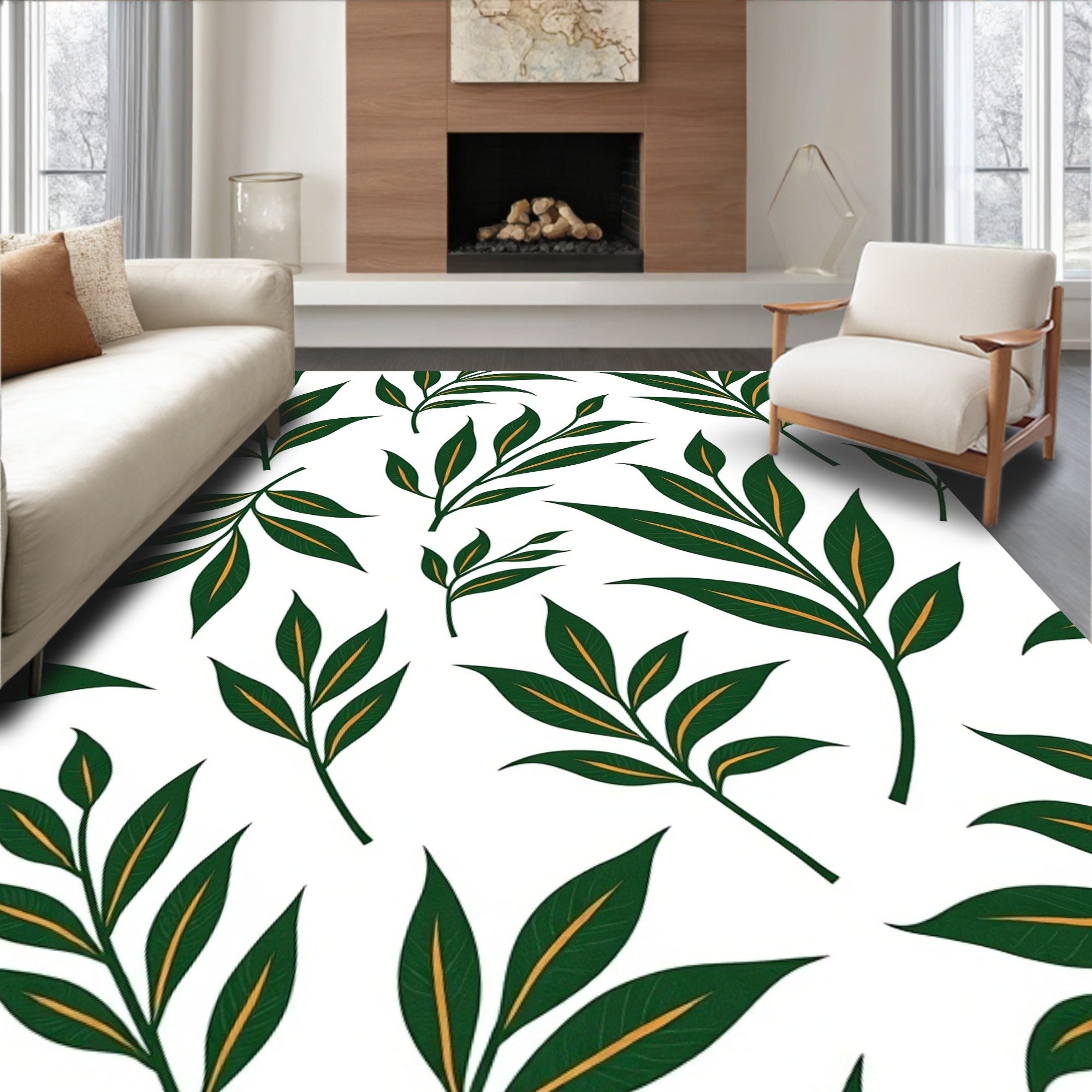 Dark Green Laurel Branches On White Rug