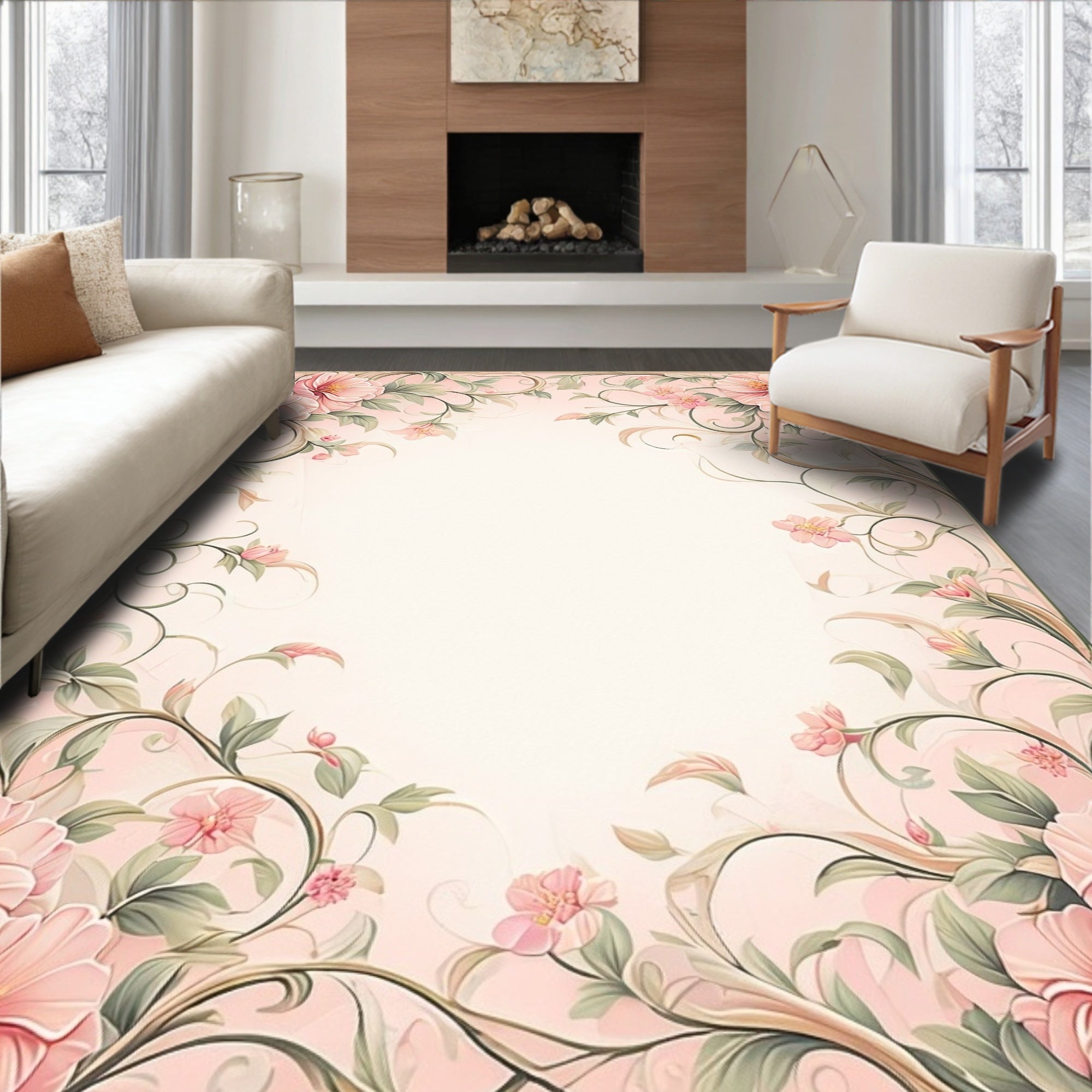Soft Pink Floral Vine Design Rug