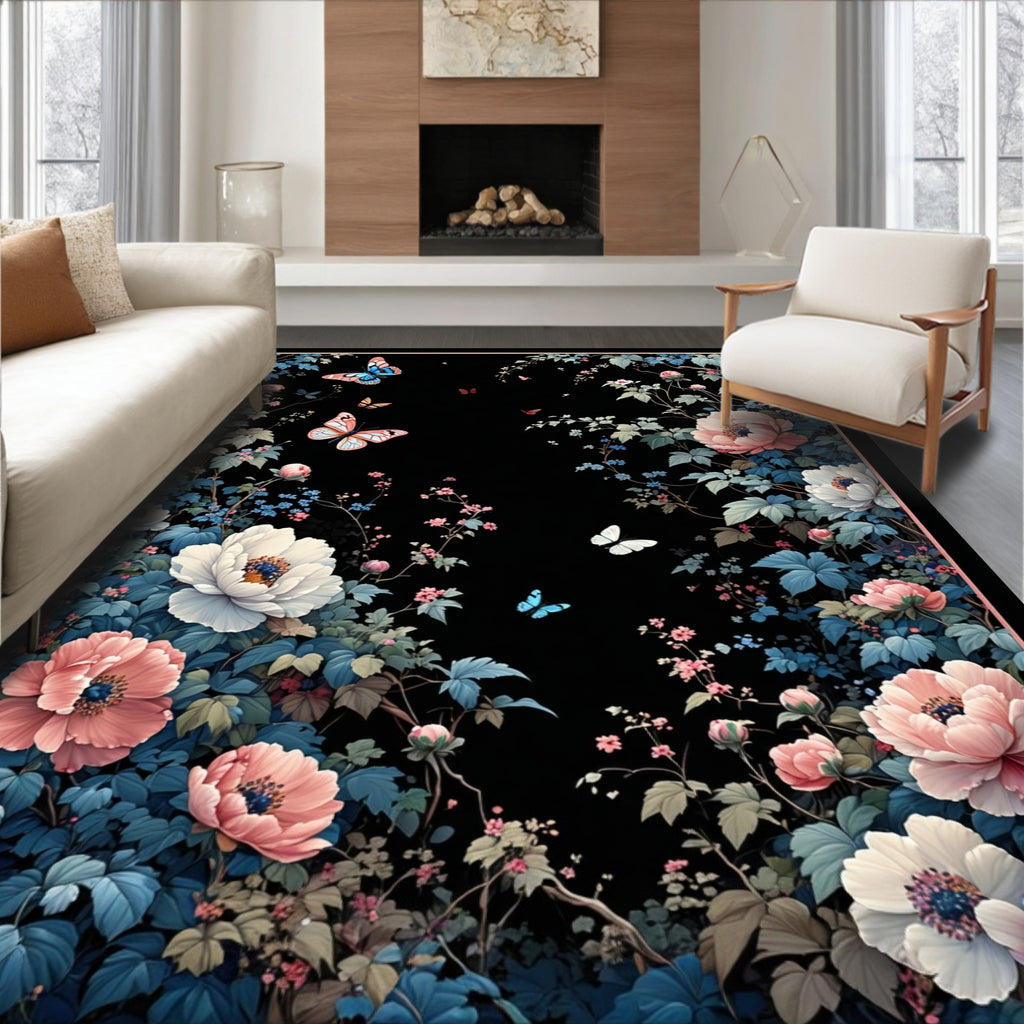 Dark Floral Garden With Butterflies Rug