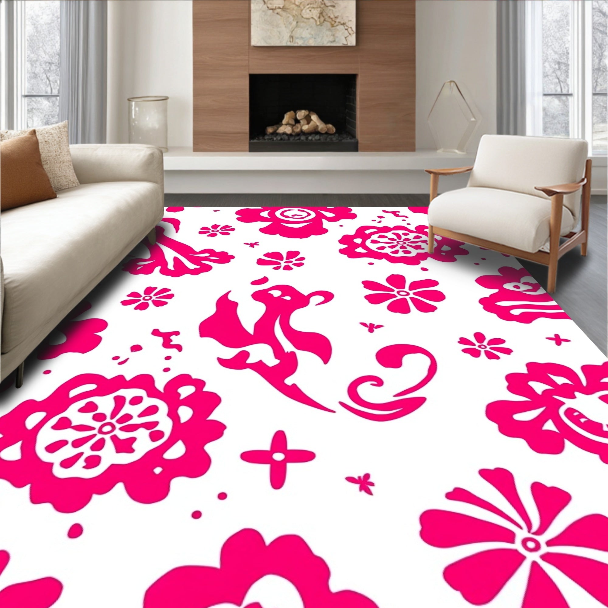 Vibrant Pink Floral Pattern Design Rug