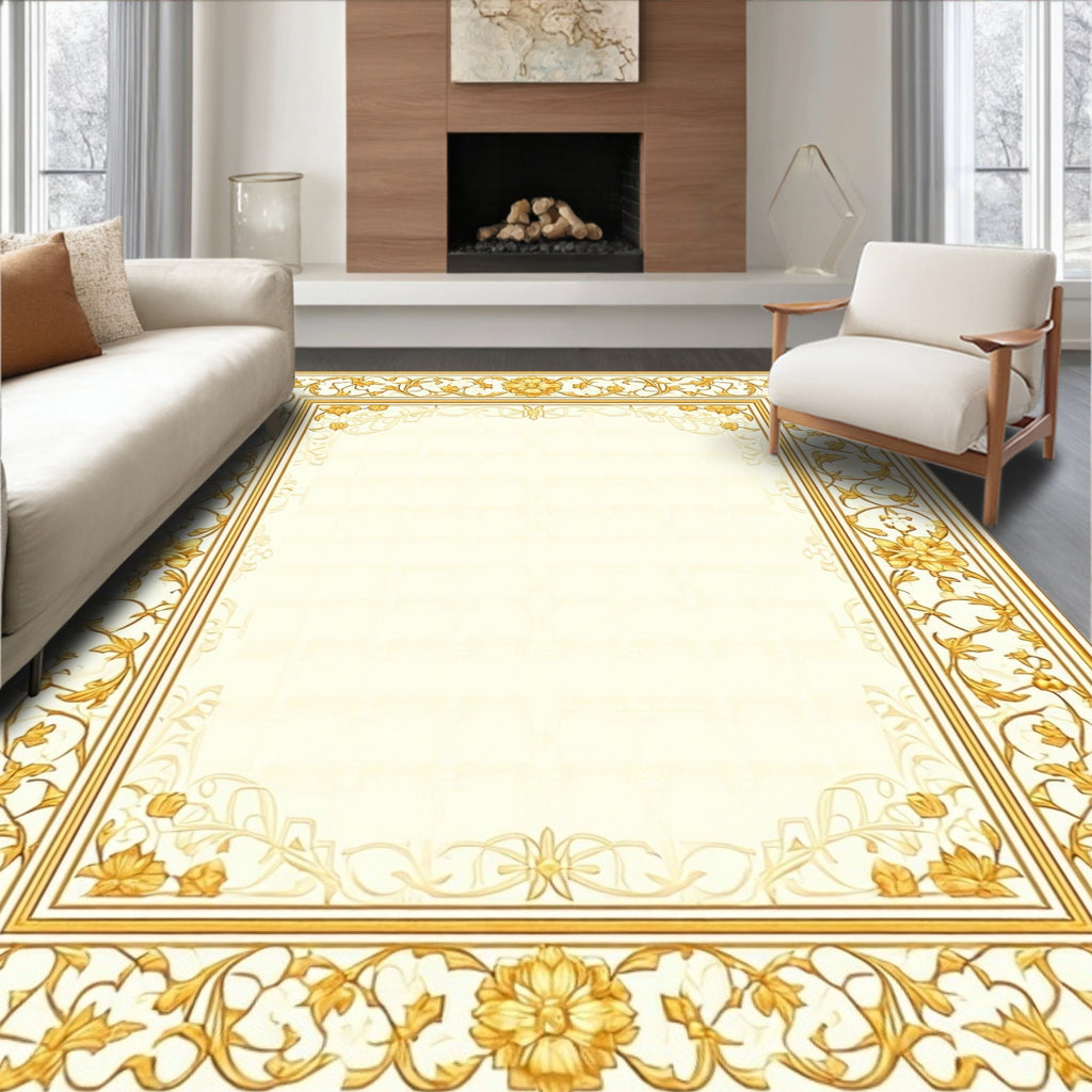 Golden Floral Nouveau Abstract Frame Rug