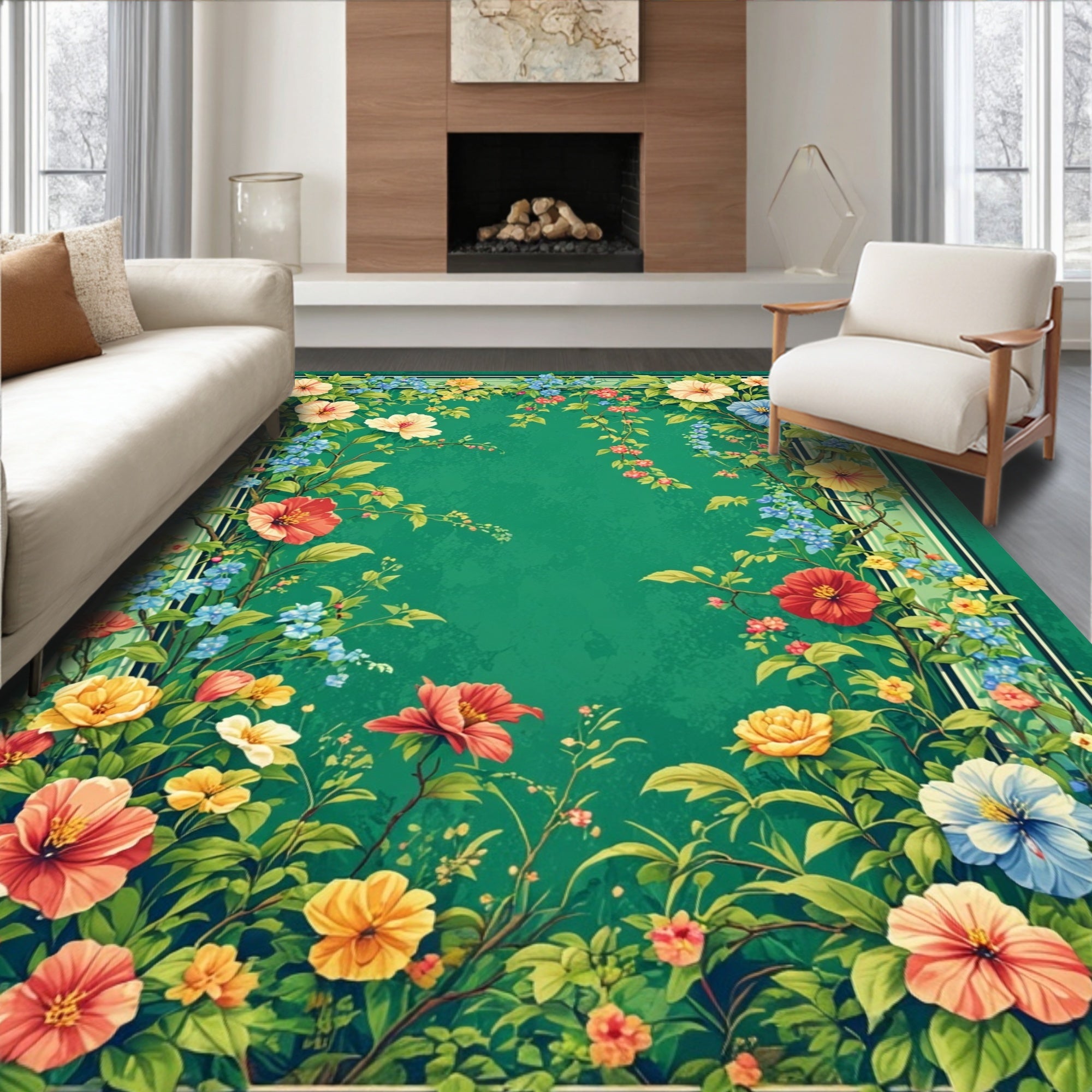 Vibrant Floral Border Garden Design Rug