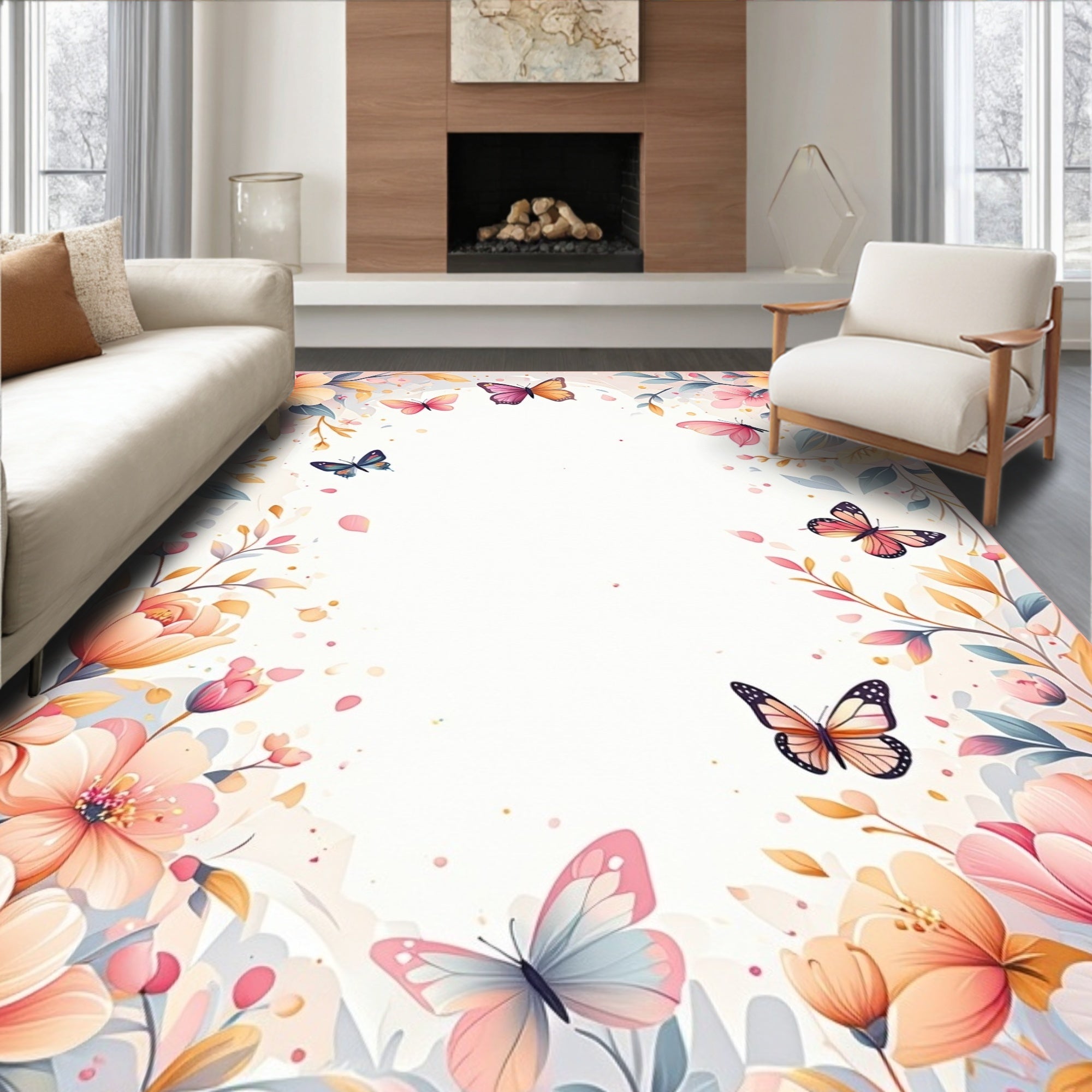 Whimsical Floral Butterflies Soft Pastel Rug