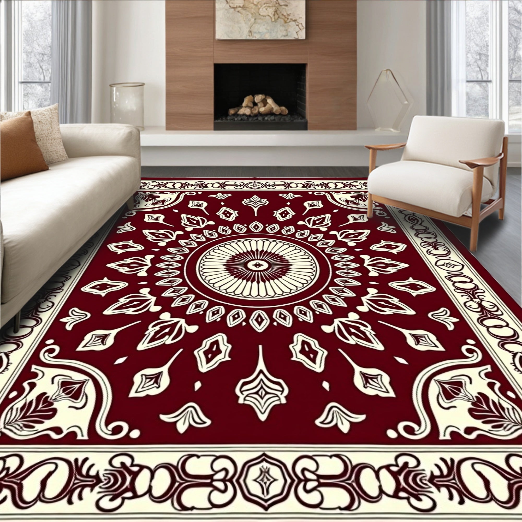 Elegant Burgundy Floral Mandala Design Rug