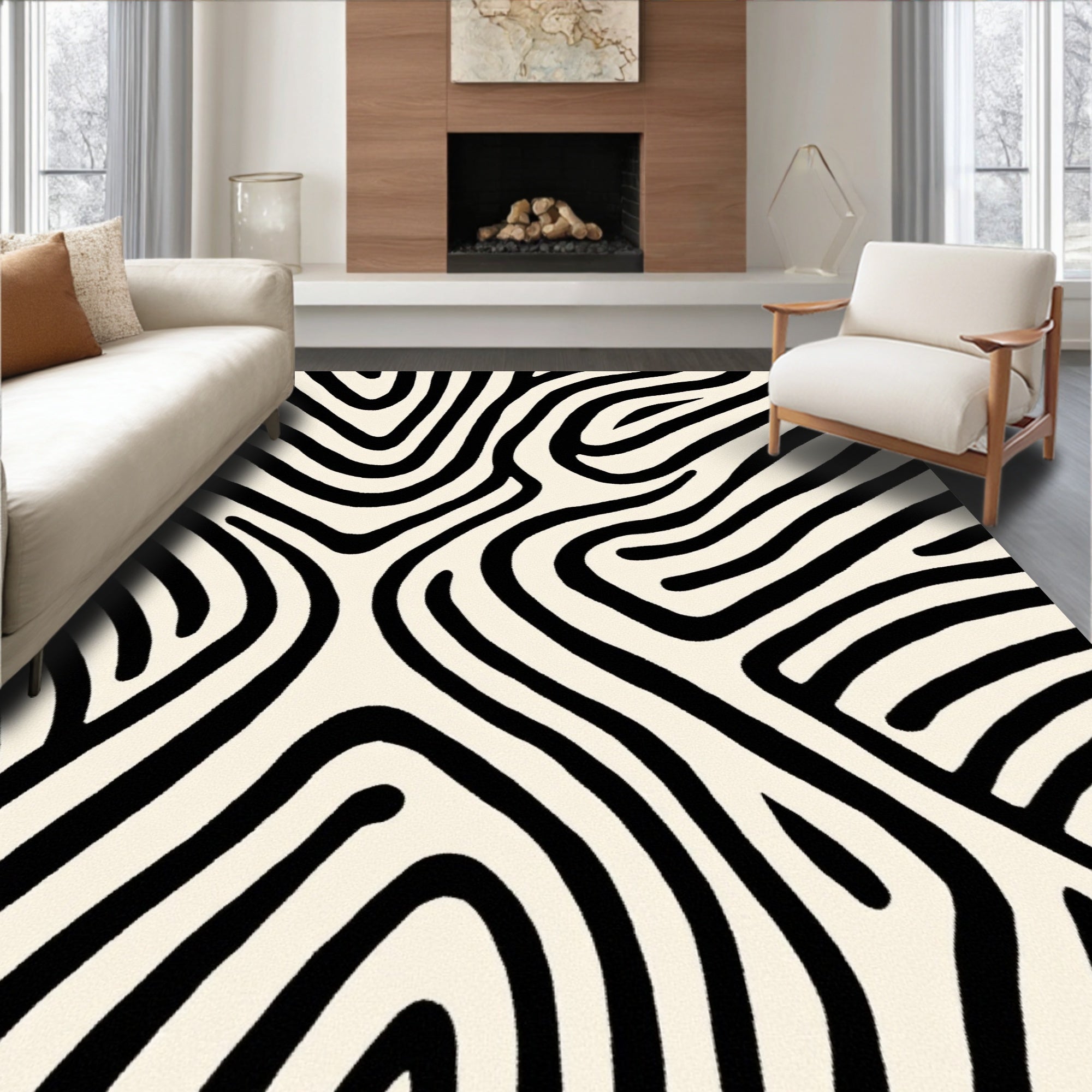 Bold Black White Line Pattern Rug