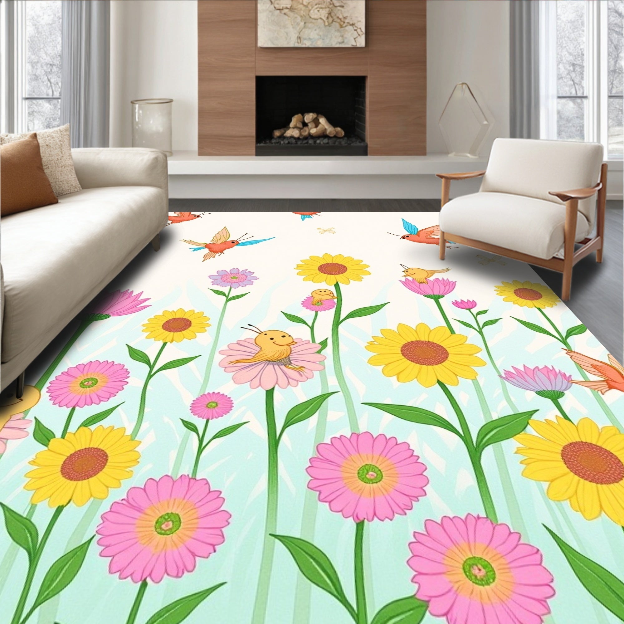 Whimsical Flying Birds Flower Garden Design Rug