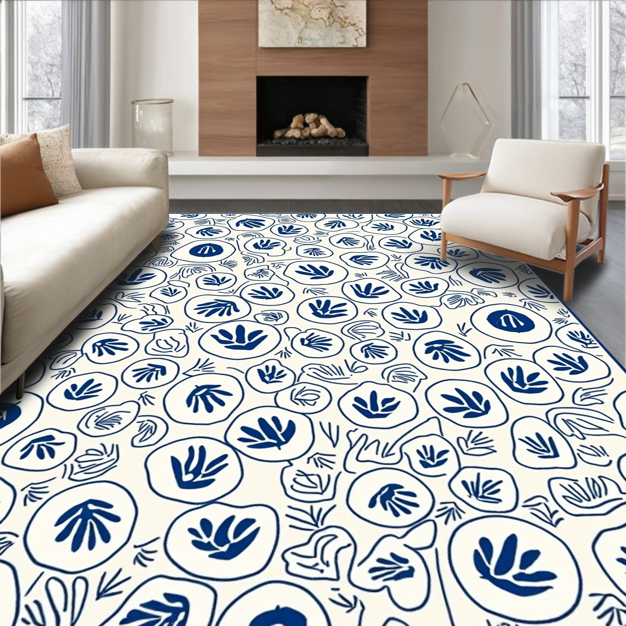 Navy Blue Abstract Botanical Pattern Rug