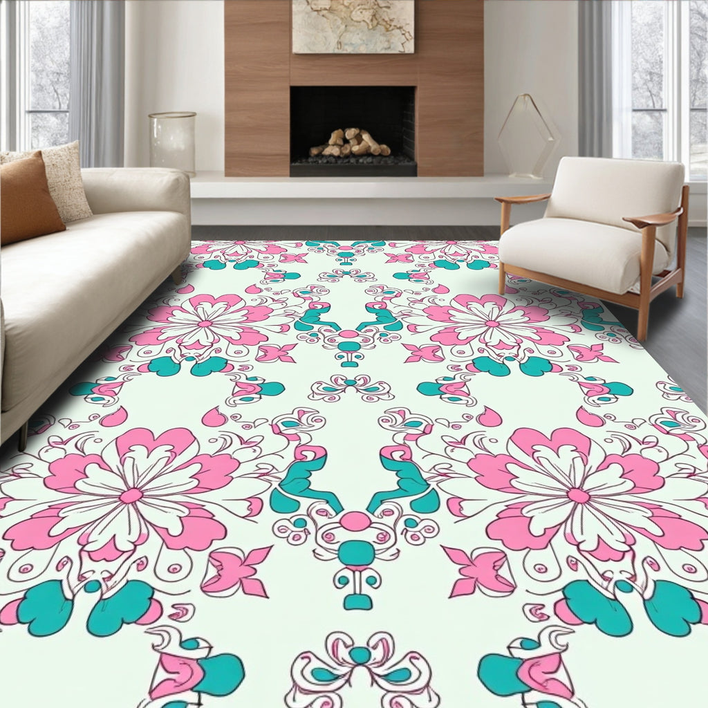 Pink Teal Floral Symmetry Pattern Rug