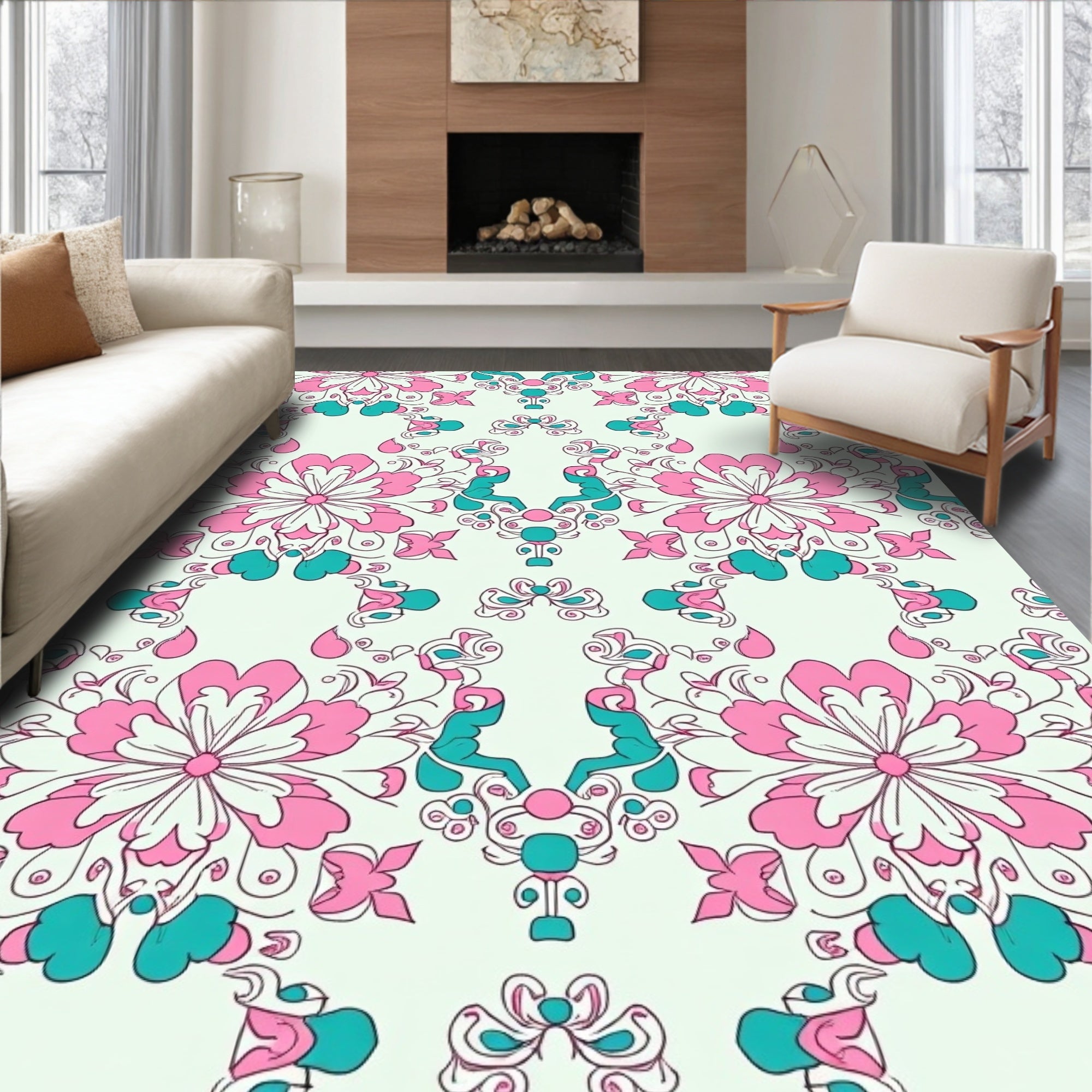 Pink Teal Floral Symmetry Pattern Rug