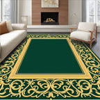 Ornate Gold Swirl Pattern Green Rug
