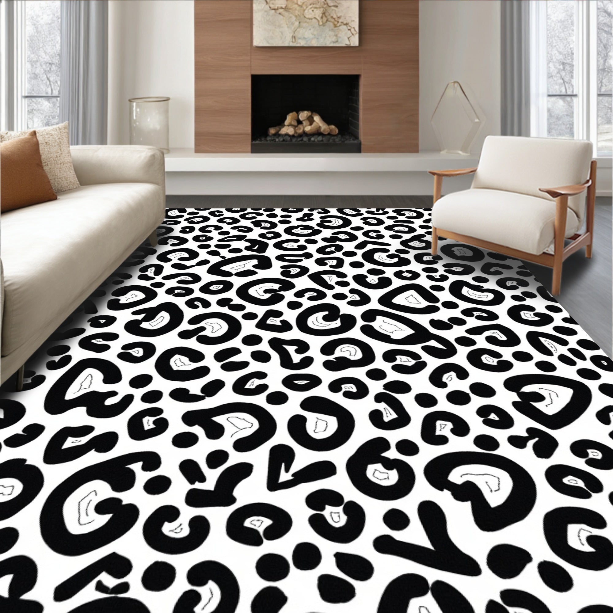 Bold Black Leopard Spot Pattern Rug