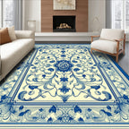 Blue and Cream Floral Vine Pattern Rug