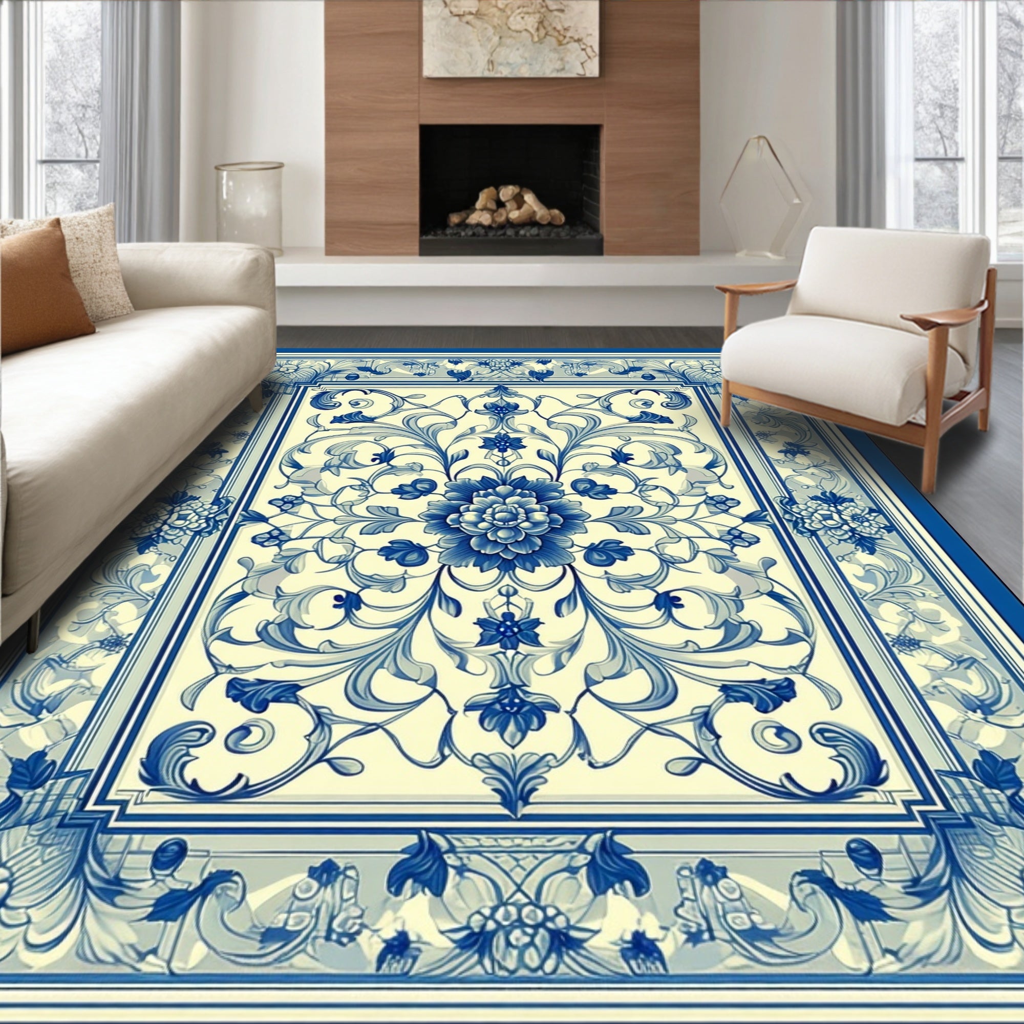 Blue and Cream Floral Vine Pattern Rug