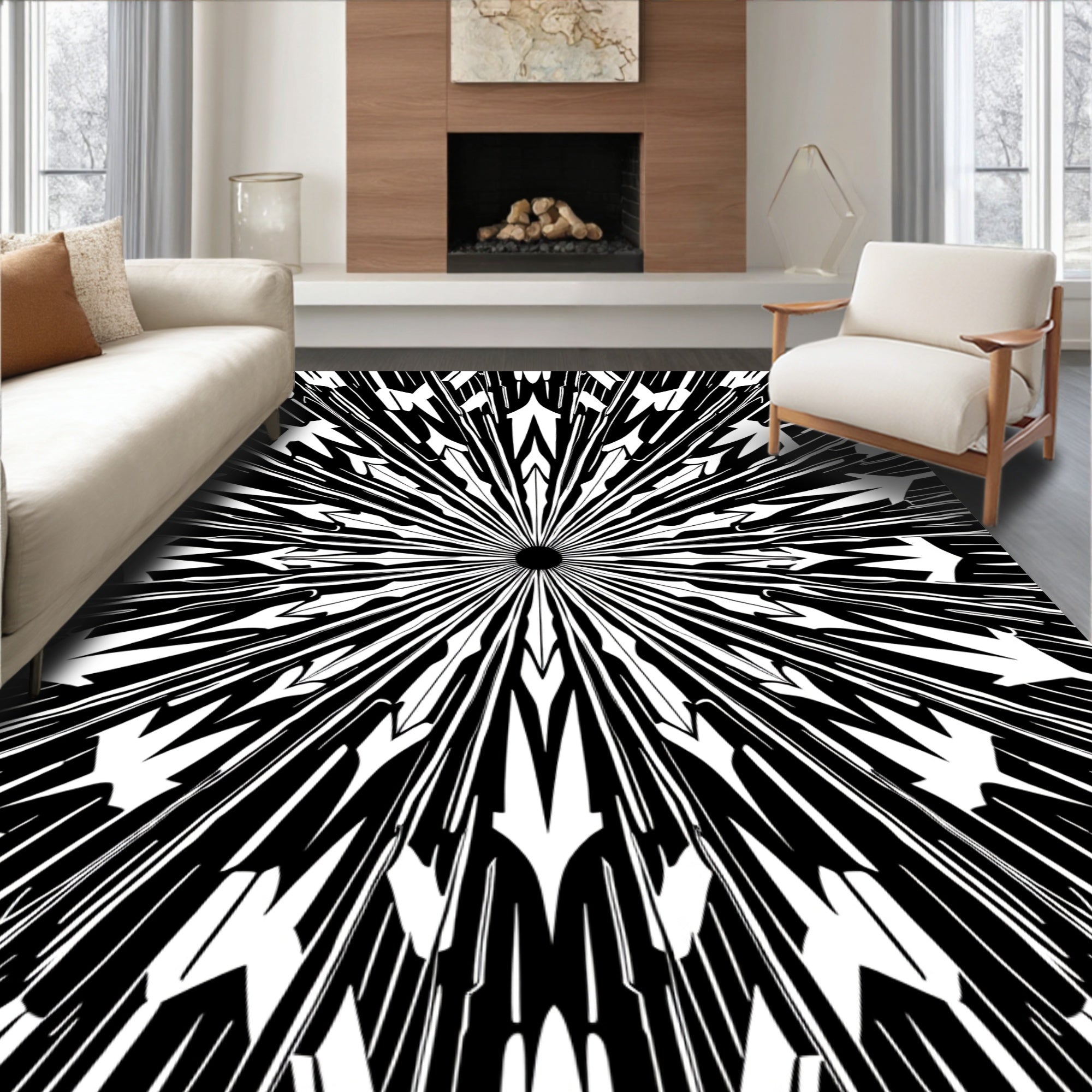 Sleek Black White Arrow Motif Rug