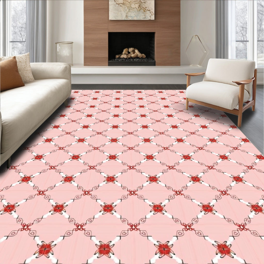 Red Floral Lattice Patterned Rug