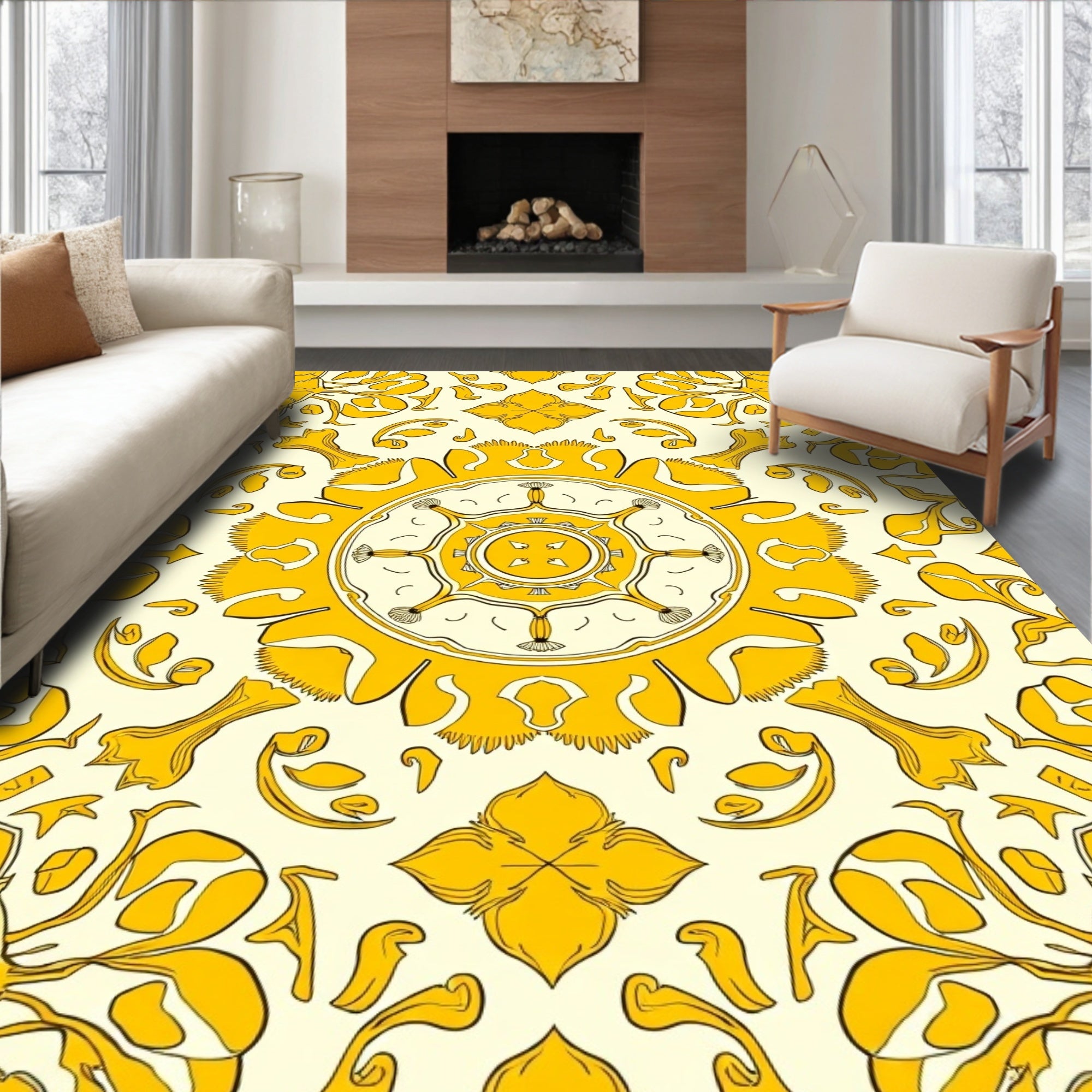 Golden Sunburst Floral Symmetry Rug