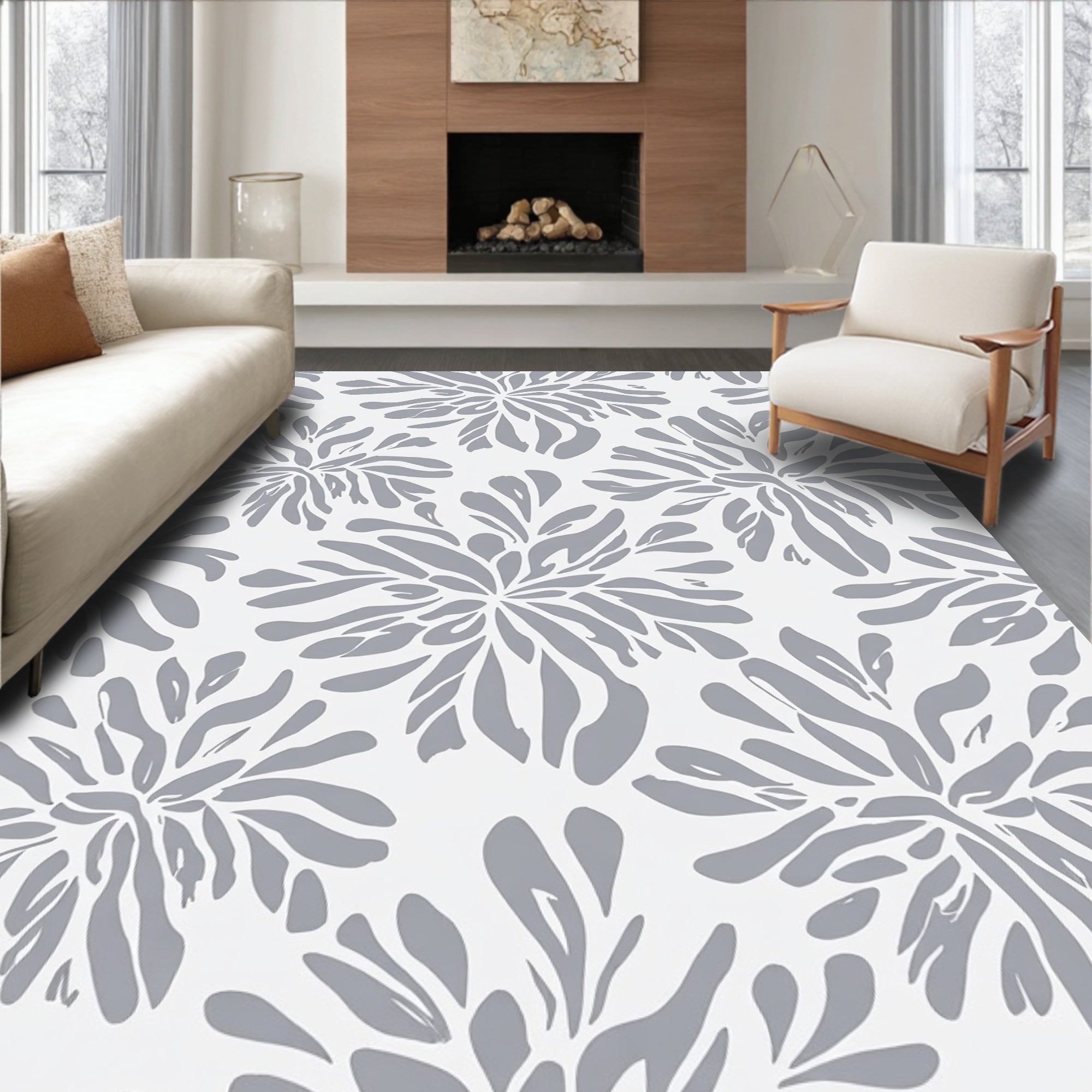 Floral Abstract Gray White Design Rug