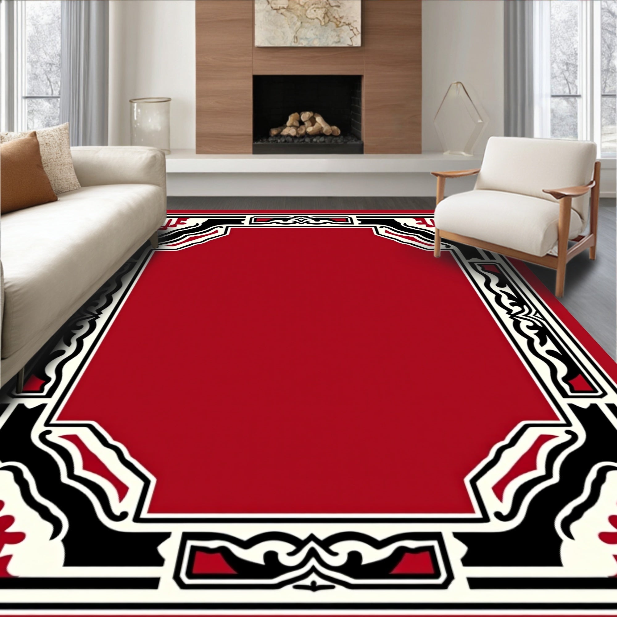 Ornate Red Geometric Framing Rug