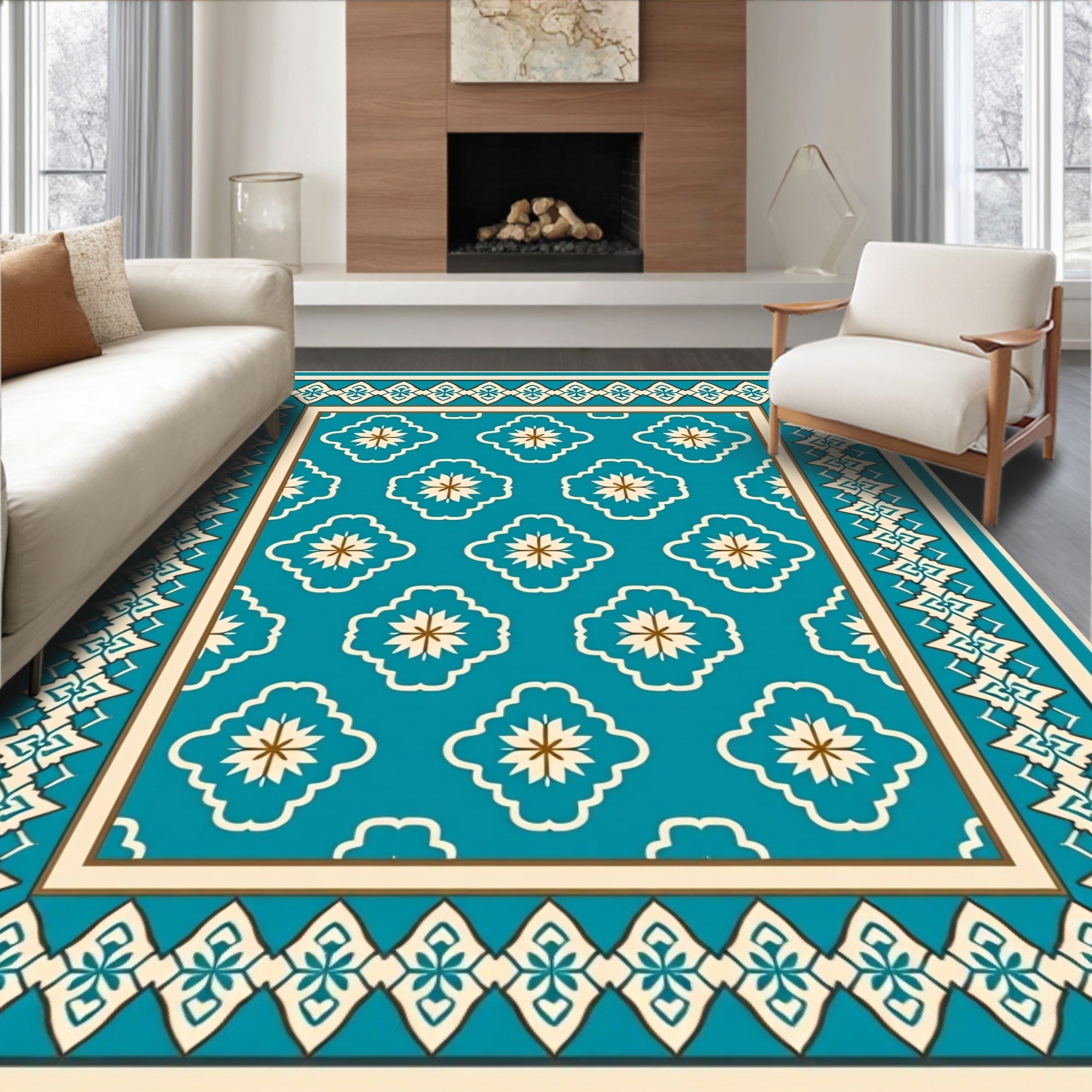 Teal Floral Medallion Border Rug
