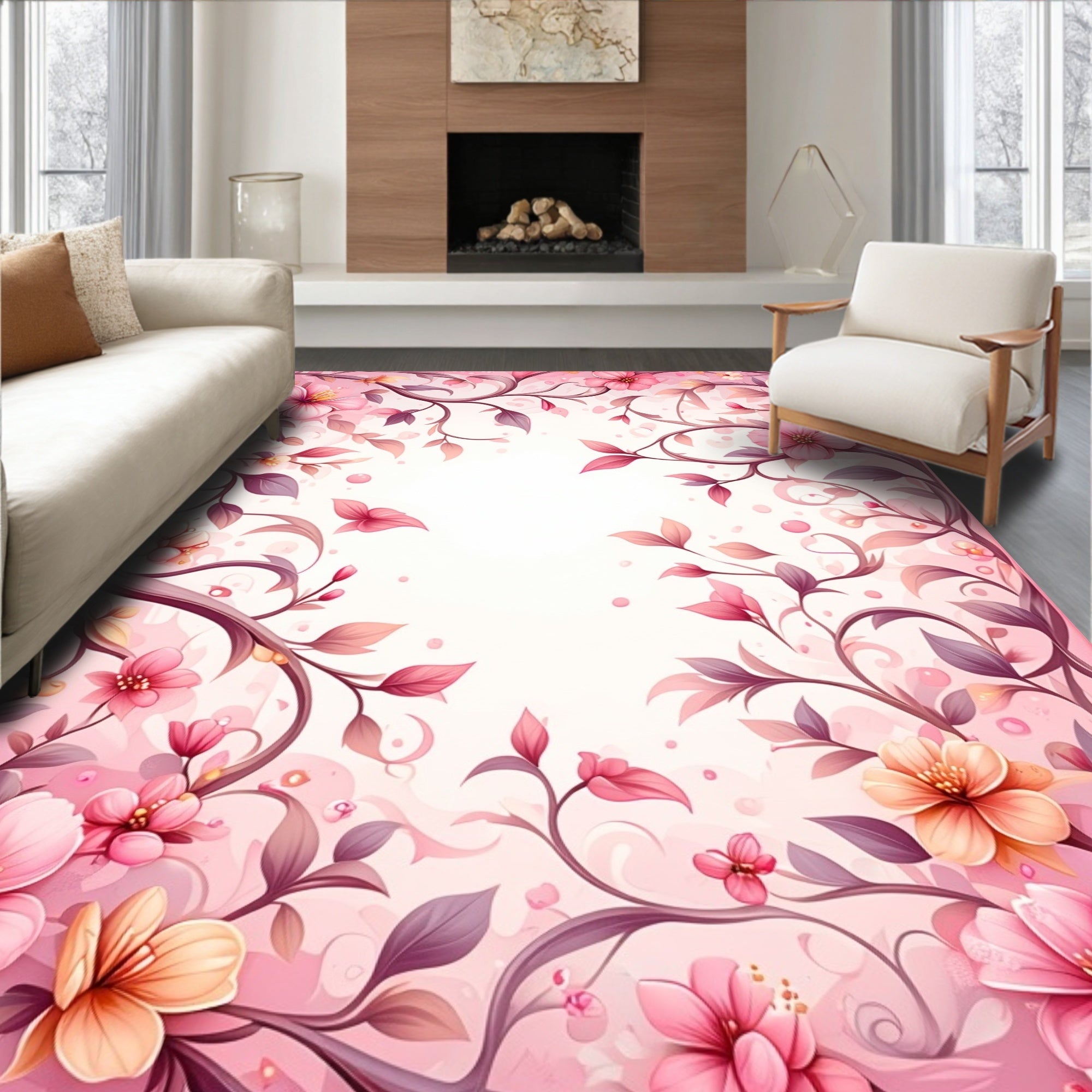 Pink Floral Swirl Vine Pattern Rug