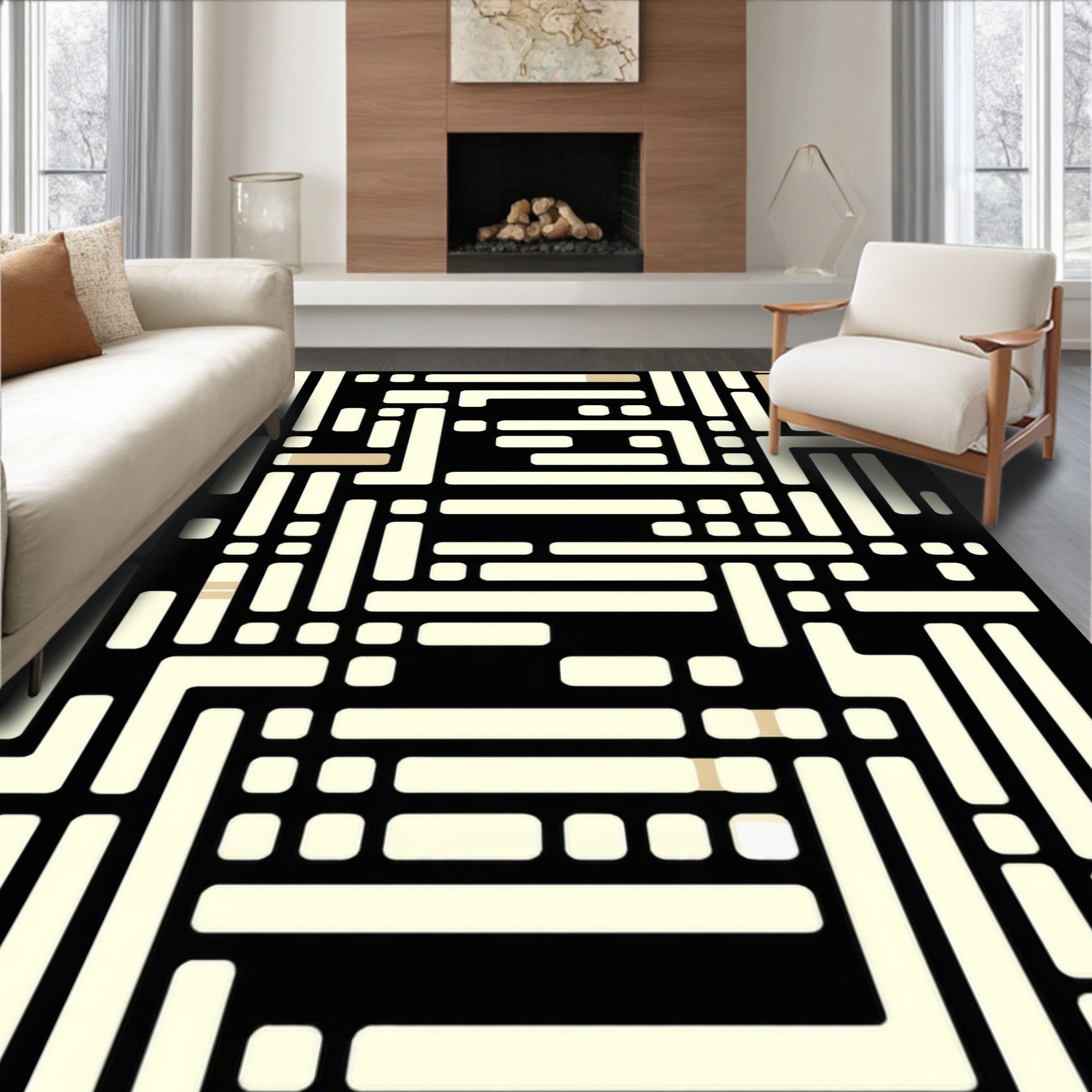 Monochrome Abstract Geometric Maze Rug