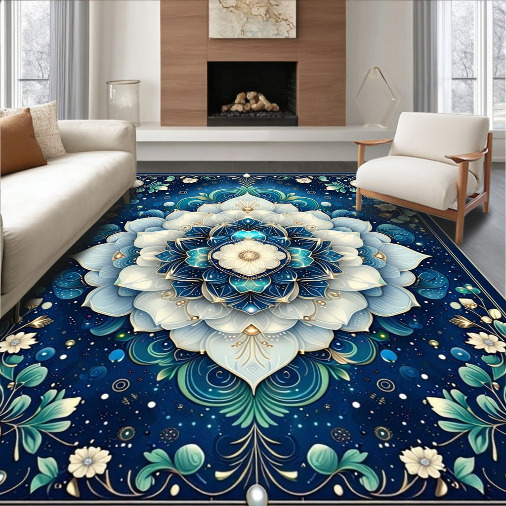 Ornate Blue Floral Mandala Pattern Rug