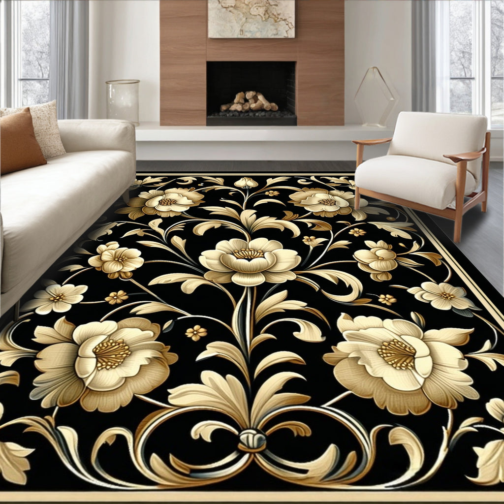 Ornate Floral Swirls Black Gold Rug