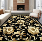Ornate Floral Swirls Black Gold Rug