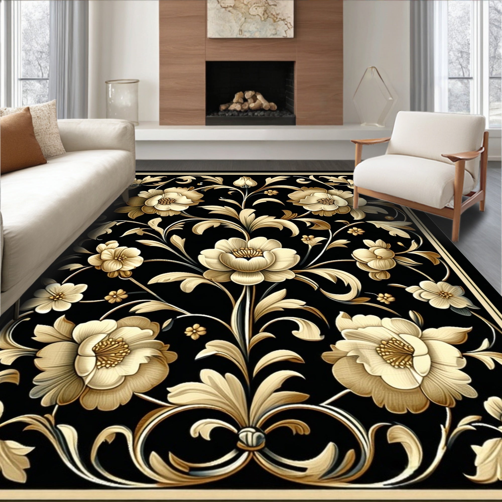 Ornate Floral Swirls Black Gold Rug