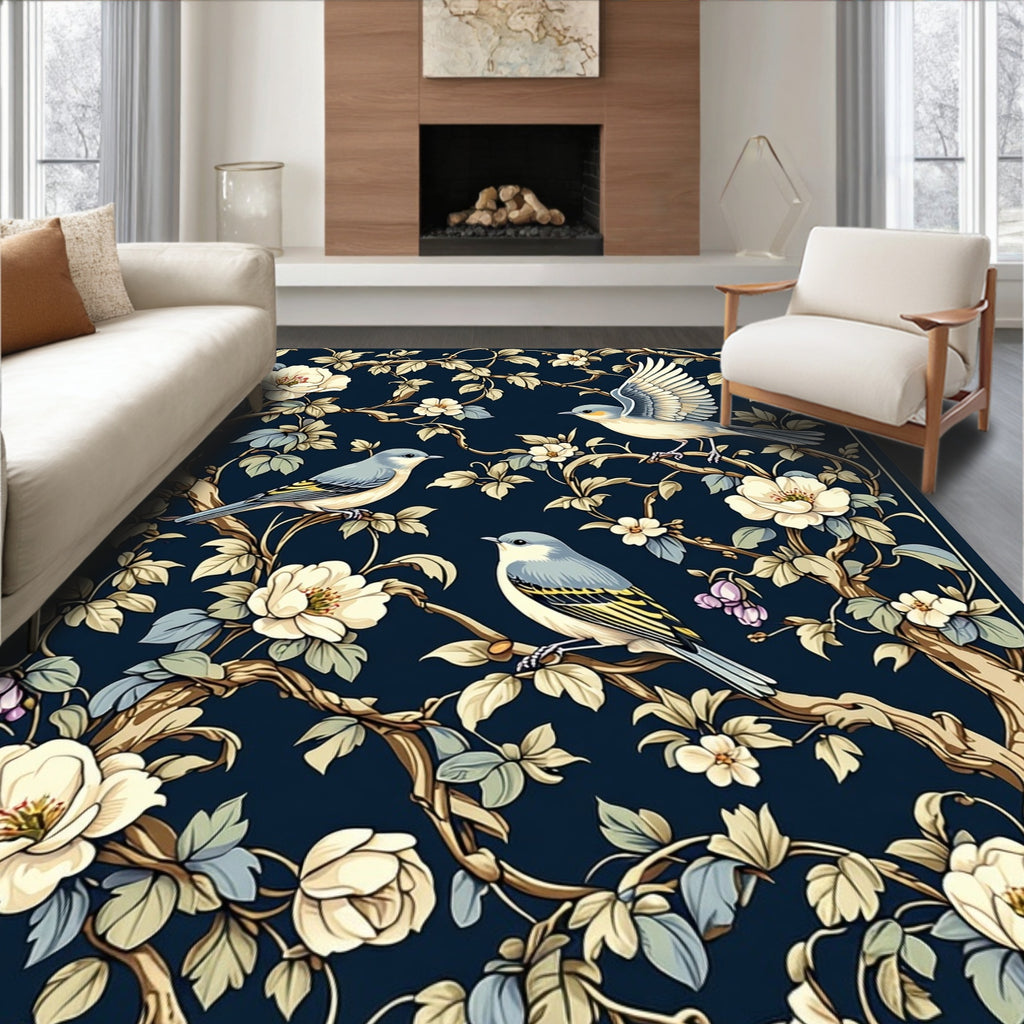 Birds and Blossoms Dark Floral Pattern Rug