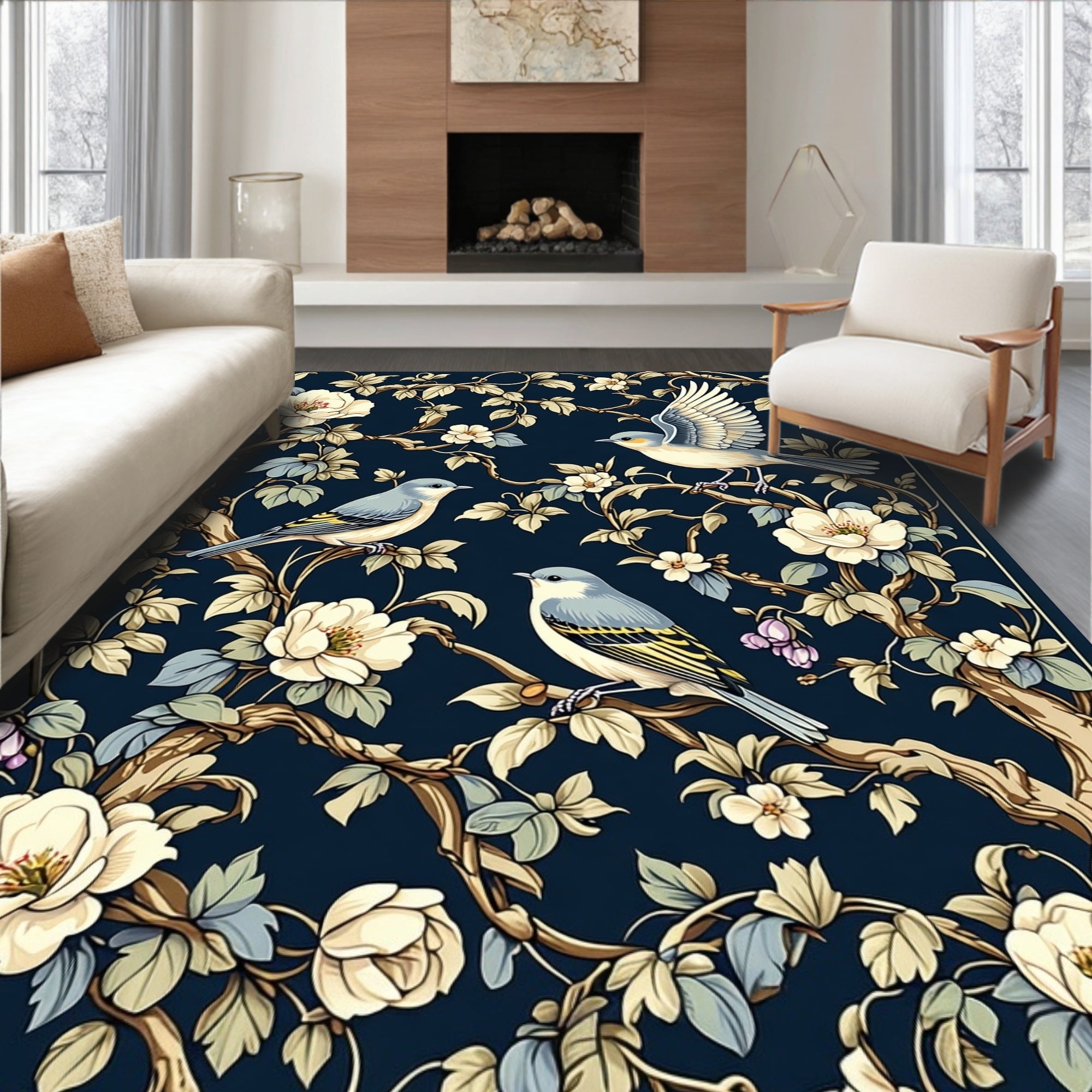 Birds and Blossoms Dark Floral Pattern Rug