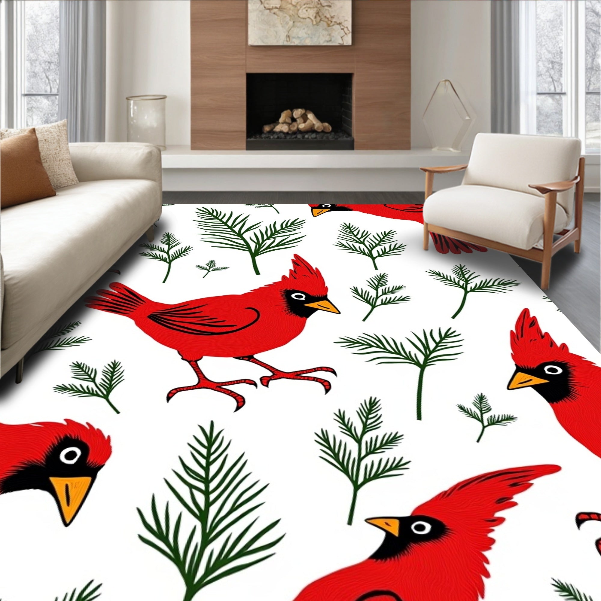 Vibrant Red Cardinal Foliage Artwork Rug