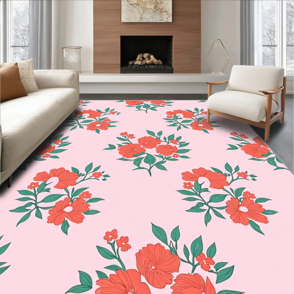 Coral Floral Botanical Pattern Rug