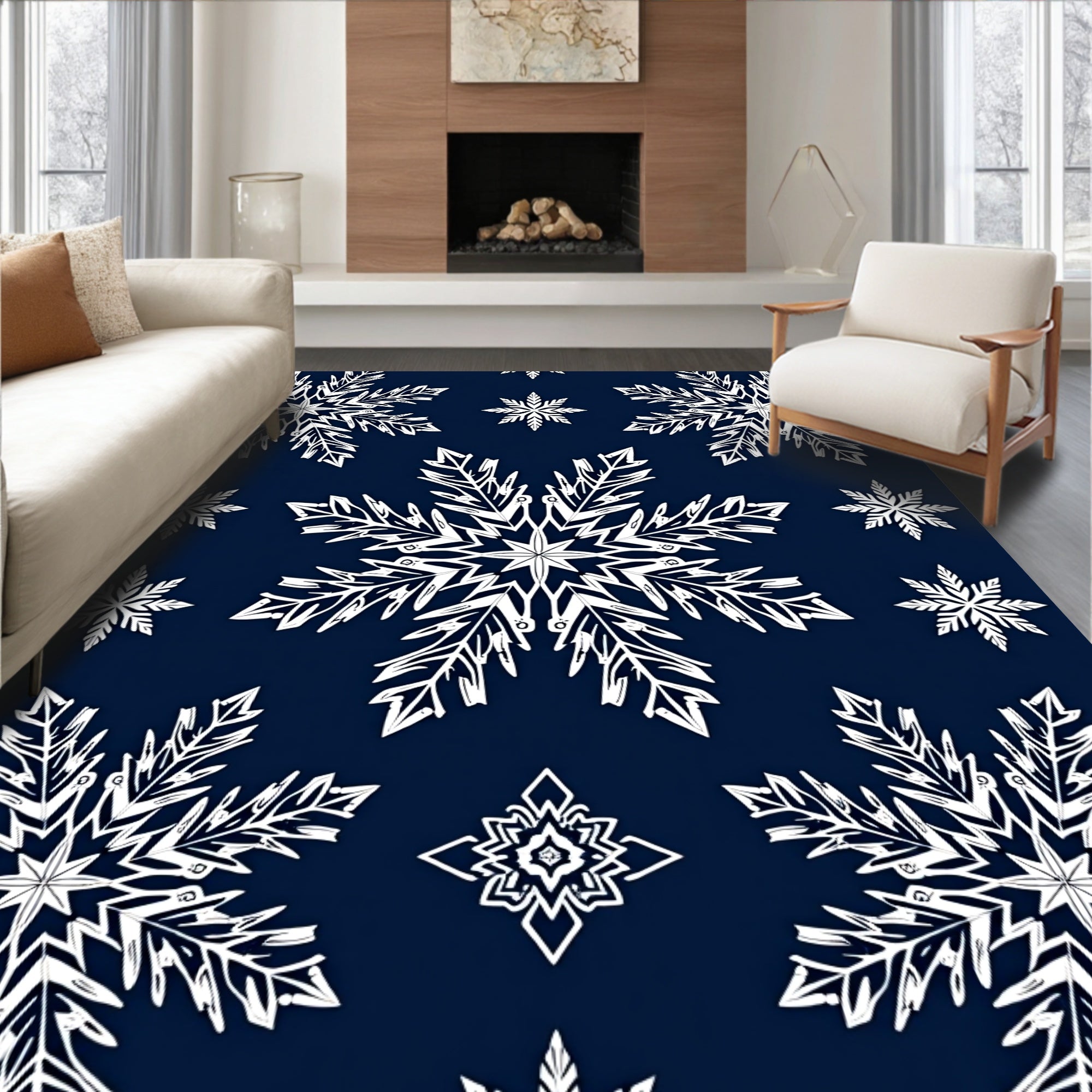 White Snowflake Navy Night Sky Rug