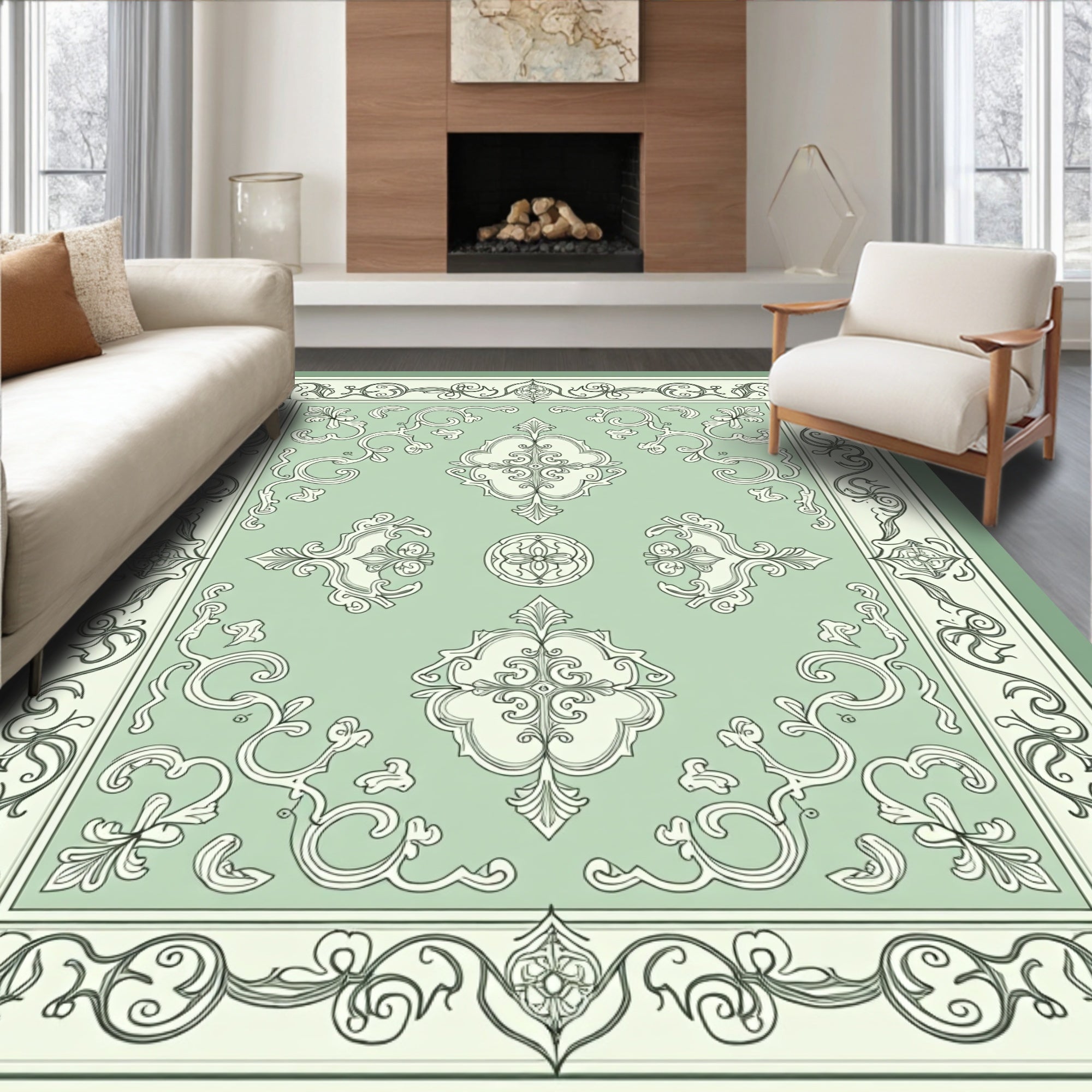 Classic Scrollwork Emerald Border Design Rug