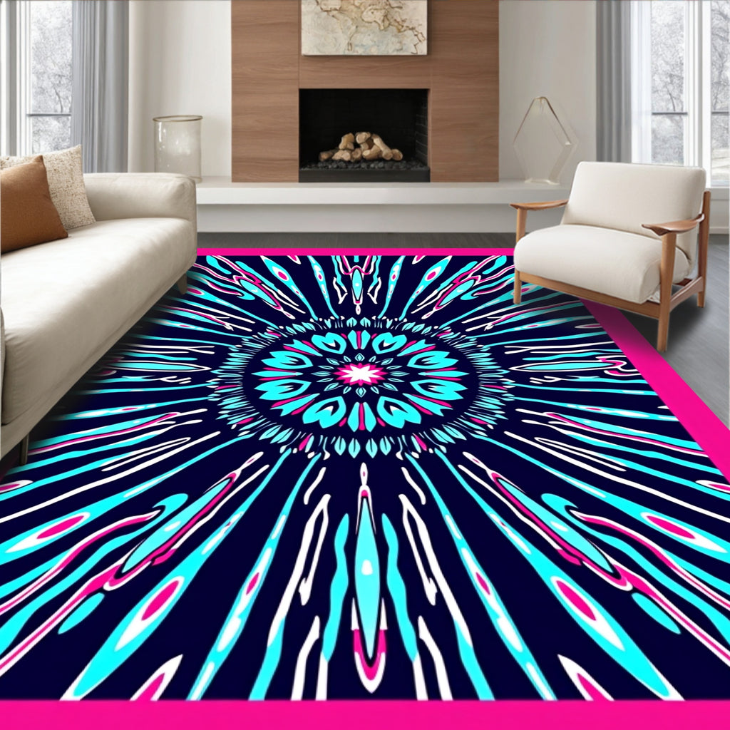 Radiant Cyan Pink Sunburst Mandala Rug