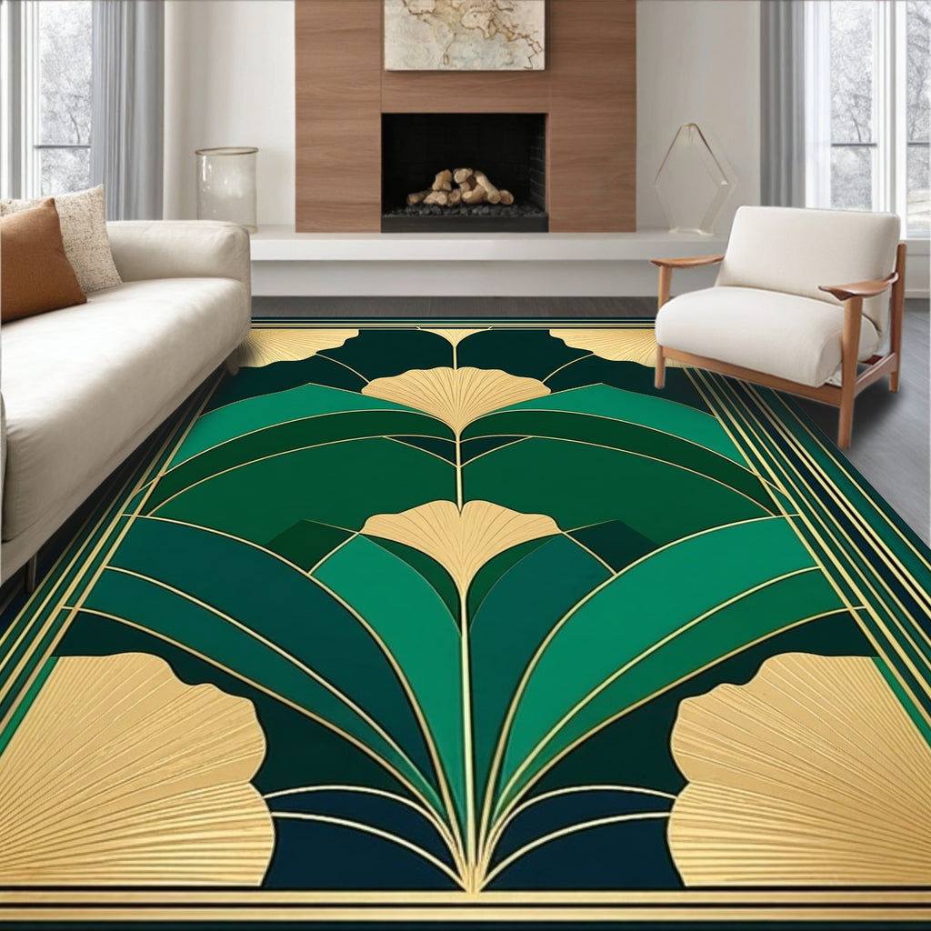 Art Deco Green Gold Leaf Pattern Rug