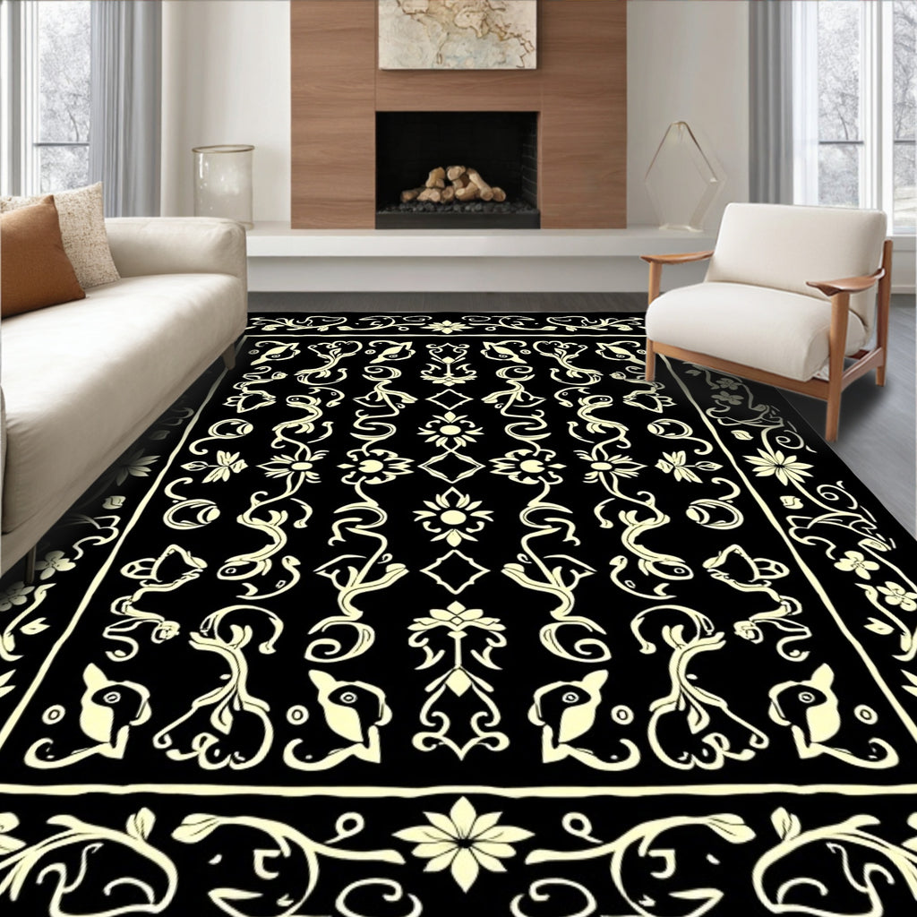 Ornate Floral Scroll Dark Pattern Rug