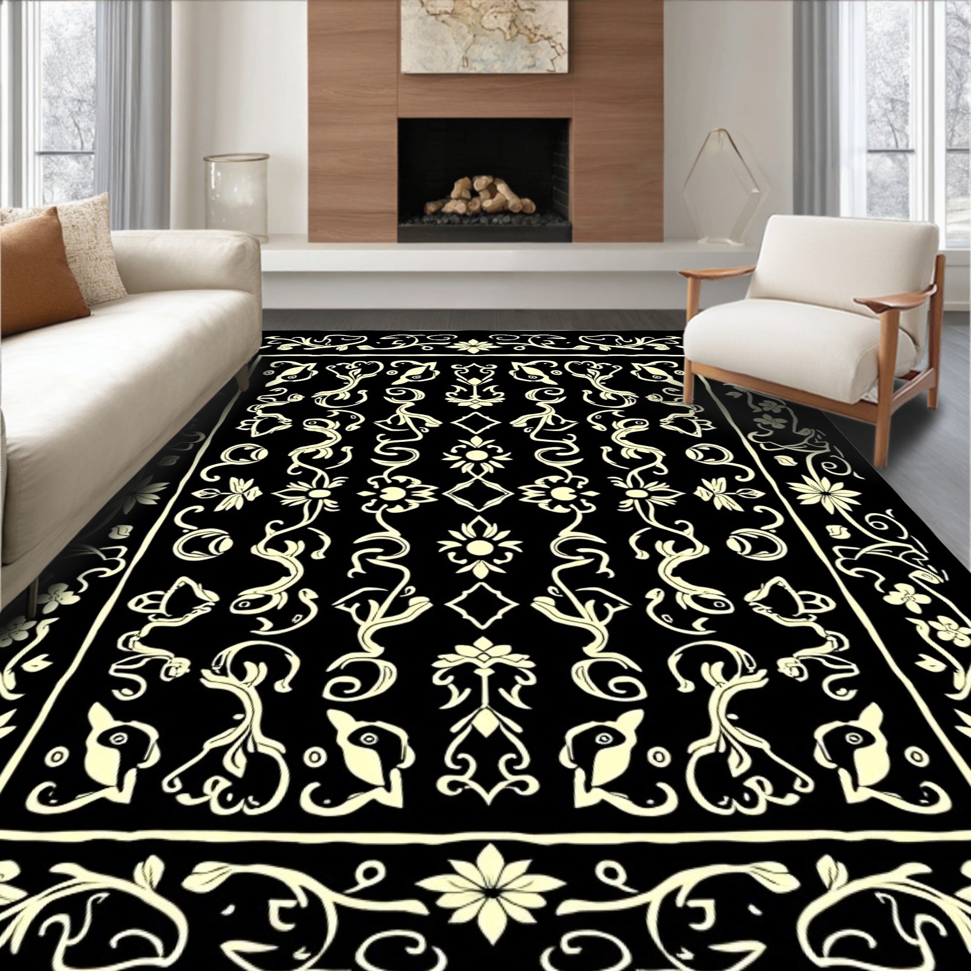 Ornate Floral Scroll Dark Pattern Rug