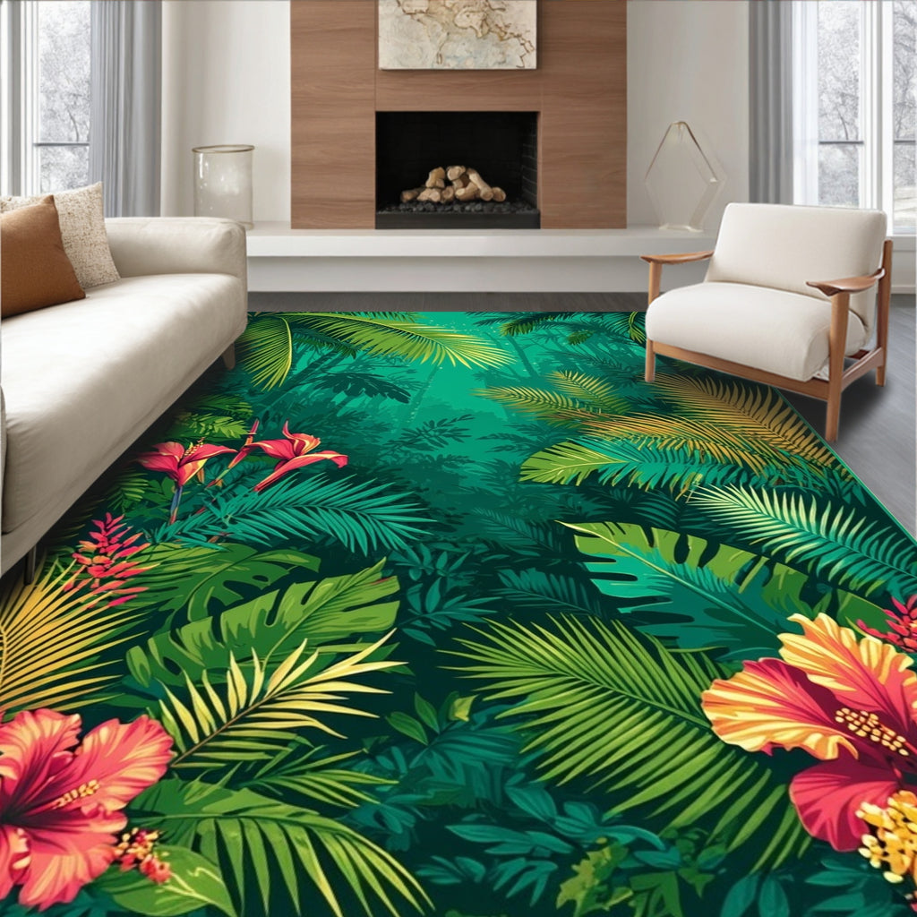 Lush Tropical Forest Floral Rug